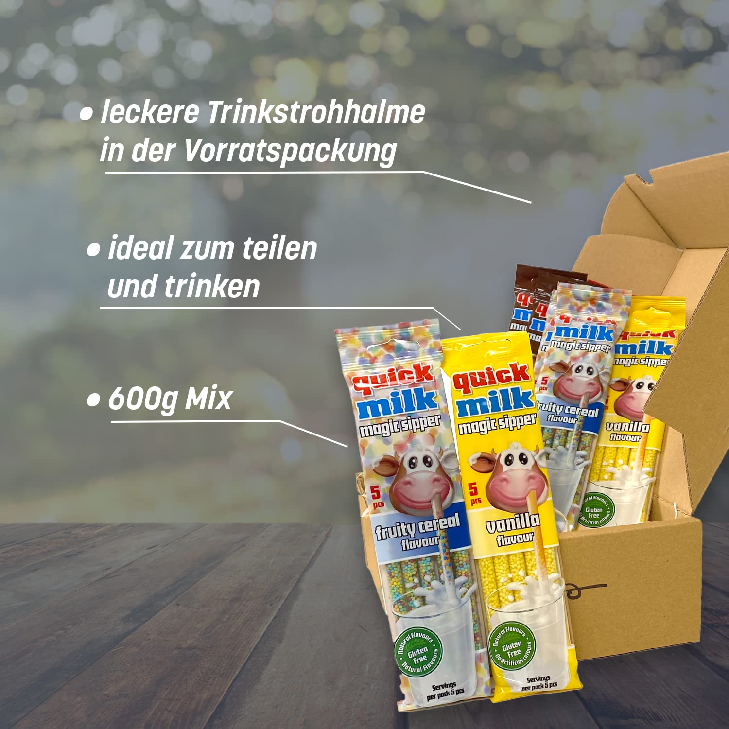 Genusslebenbox mit 4 verschiedenen Quickmilk Trinkröhrchen a 5 Stück, 100x Trinkröhrchen in der Vorratspackung