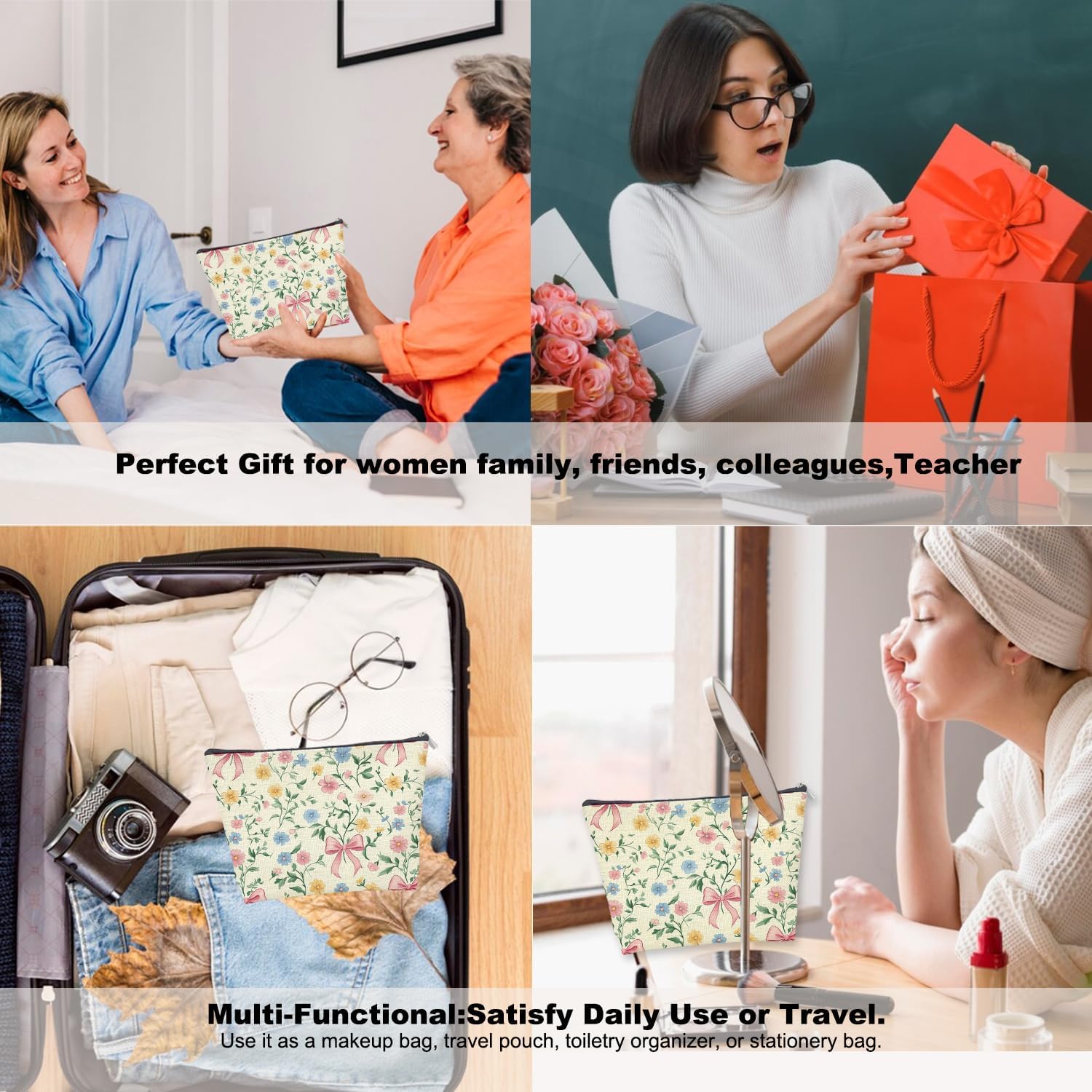 Coquette Pink Bow Floral Makeup Bag, Pastel Floral Preppy Cosmetic Bags for Women, Girly Cottagecore Spring Wildflower Zipper Makeup Pouch Toiletry Bag - Image 3