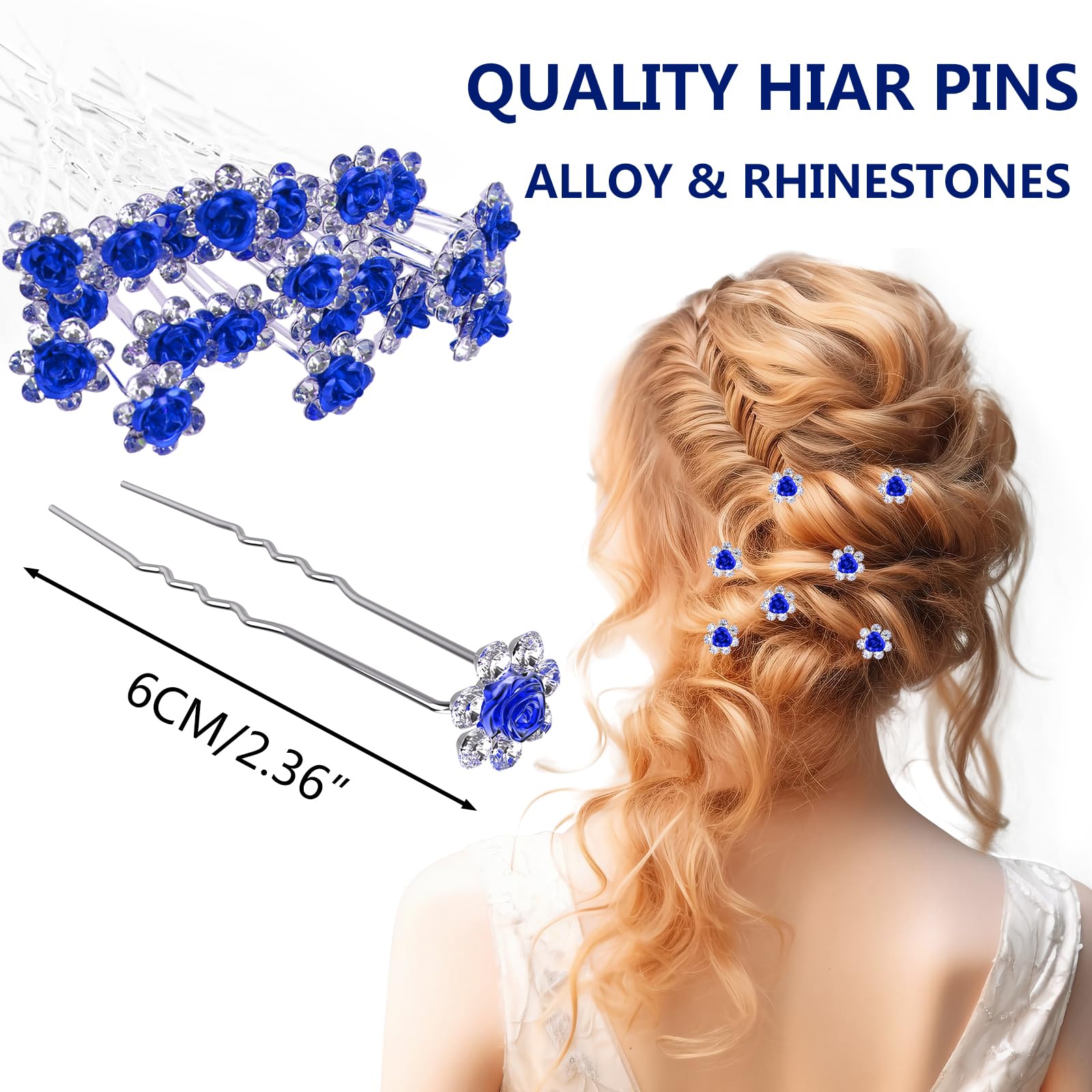 UHOMENY 25pcs Bridal Wedding Hair Pins with Crystal Rose Flower Crystal Diamante Rose Flower Rhinestone Hair Pins Clips for Bridal Wedding Women Hair Accessories (Blue) - Image 2