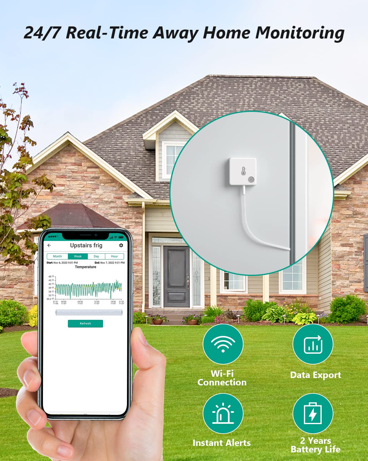 A hand holding a smartphone displaying the MOCREO app with temperature graphs, with a house and a MOCREO sensor on a wall in the background. Icons for Wi-Fi, data export, instant alerts, and 2-year battery life are shown.