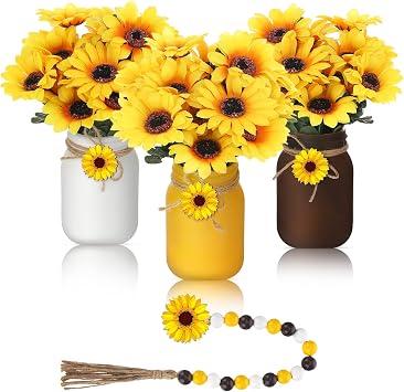 Karenhi 13 Pcs Spring Summer Mason Jar Table Decor Sunflower Centerpieces for Spring Tiered Tray Table Office Home Kitchen Indoor DecorBright Sunflower