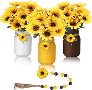 13 Pcs Mason Jar Table Centerpiece Faux Sunflower and Lemon Kitchen Decor and Accessories and Beaded Garland Spring Summer Farmhouse Decoration for Home Kitchen Tiered Tray Decor (Sunflower Style)