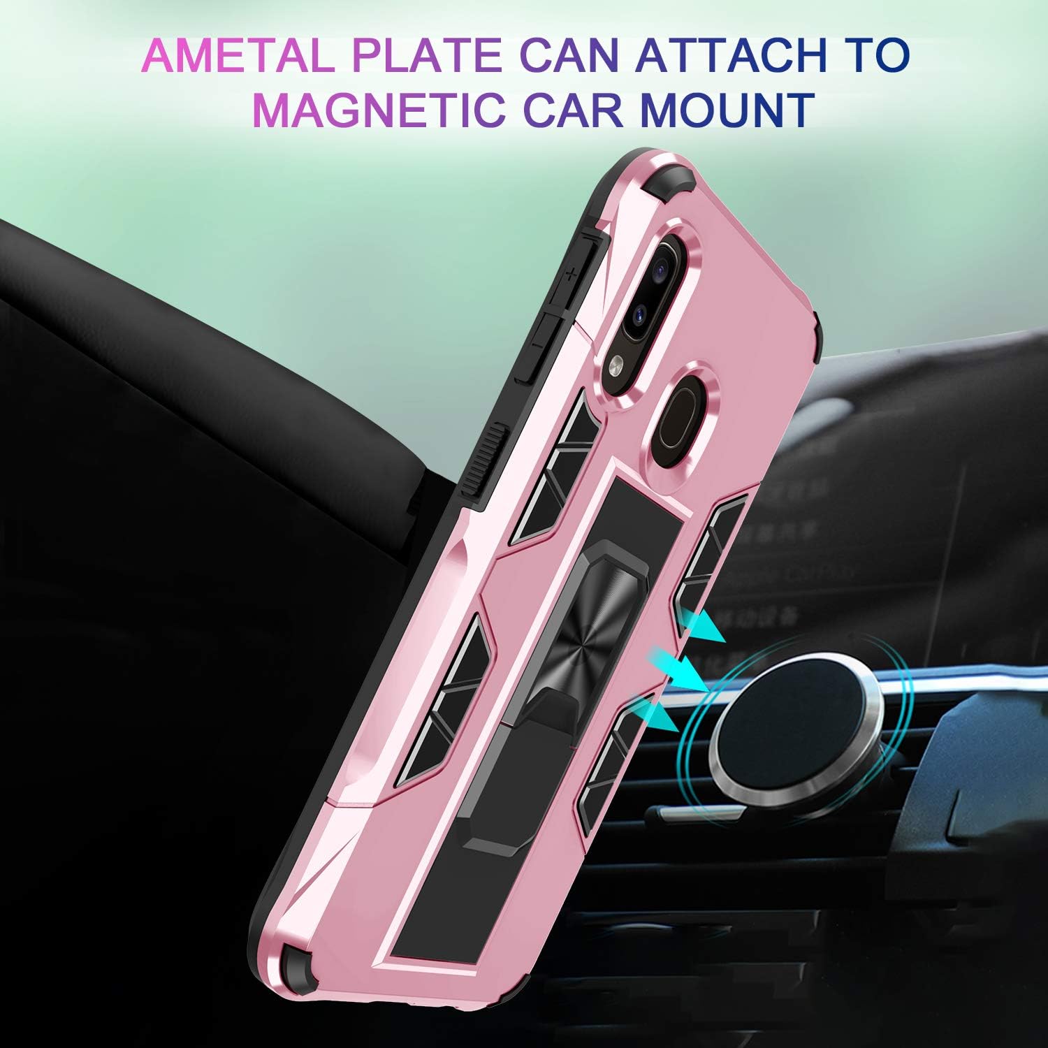 LeYi Compatible with Samsung A20 Case, Samsung Galaxy A20 Case with 2 Tempered Glass Screen Protector, Military-Grade Shockproof Built-in Car Mount Kickstand Women Phone Case for Galaxy A20,Rose Gold