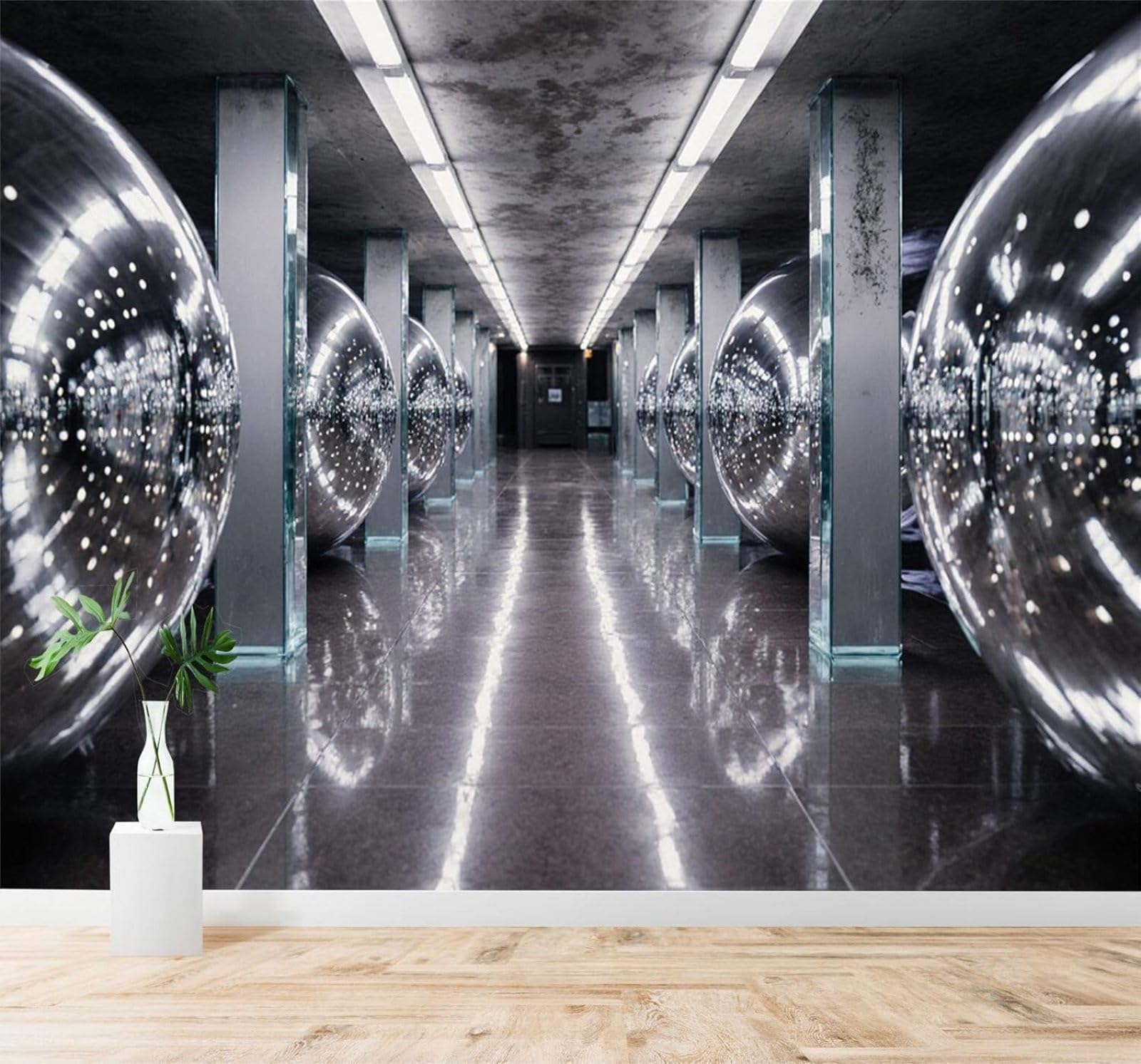 Xlming 200Cm×140Cm(B×H) Three Dimensional Tunnel Spatial Extension Reflective Spheres Metal Lights 3D Wallpaper Silky Texture Home Study Office Grey Dining Room Sofa Bedroom Living Room Tv Backdrop-200Cm×140Cm
