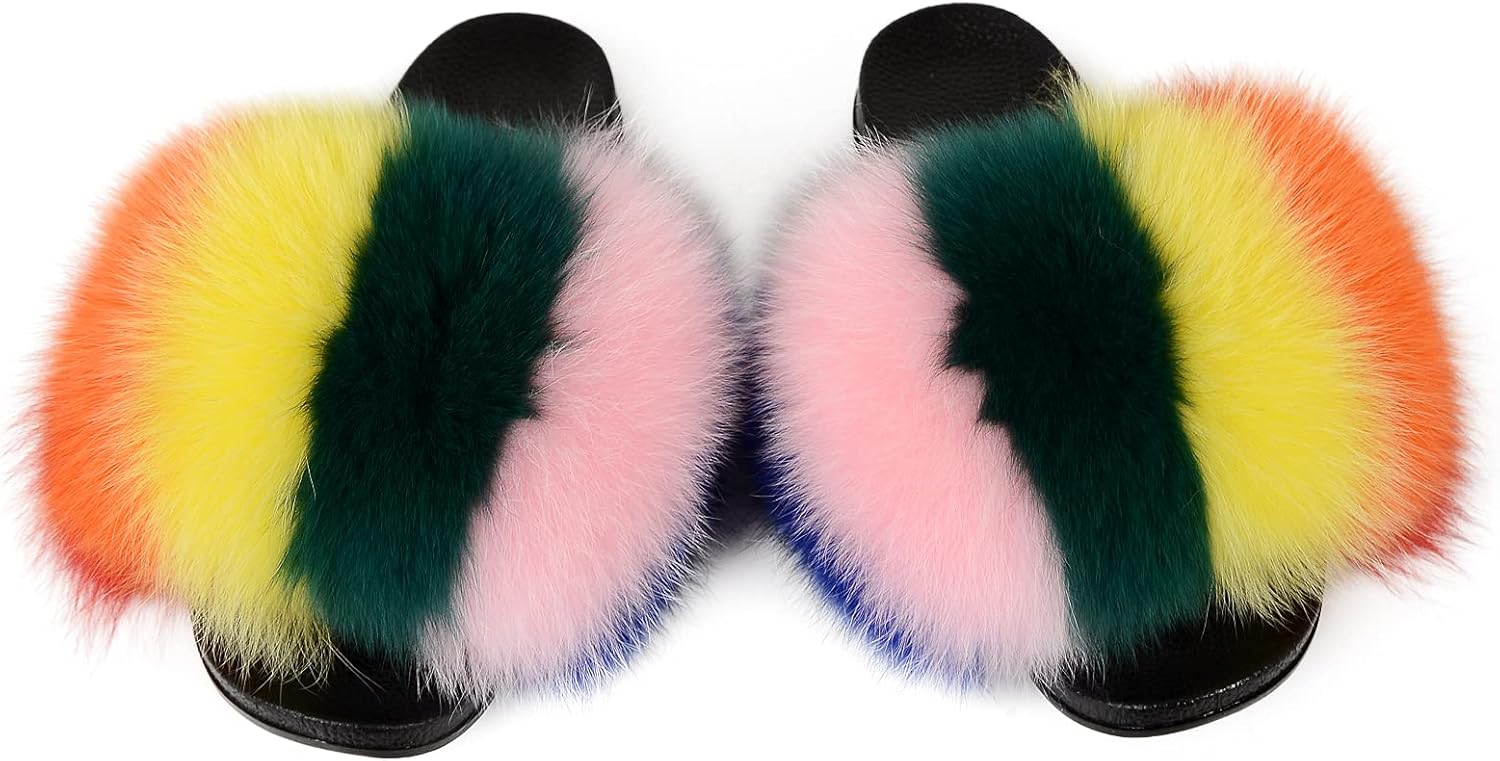 Women Fur Slides Big Fur Womens Fluffy Slippers House Slippers Slides Fuzzy Sandals Furry Slides Open Toe Indoor Outdoor