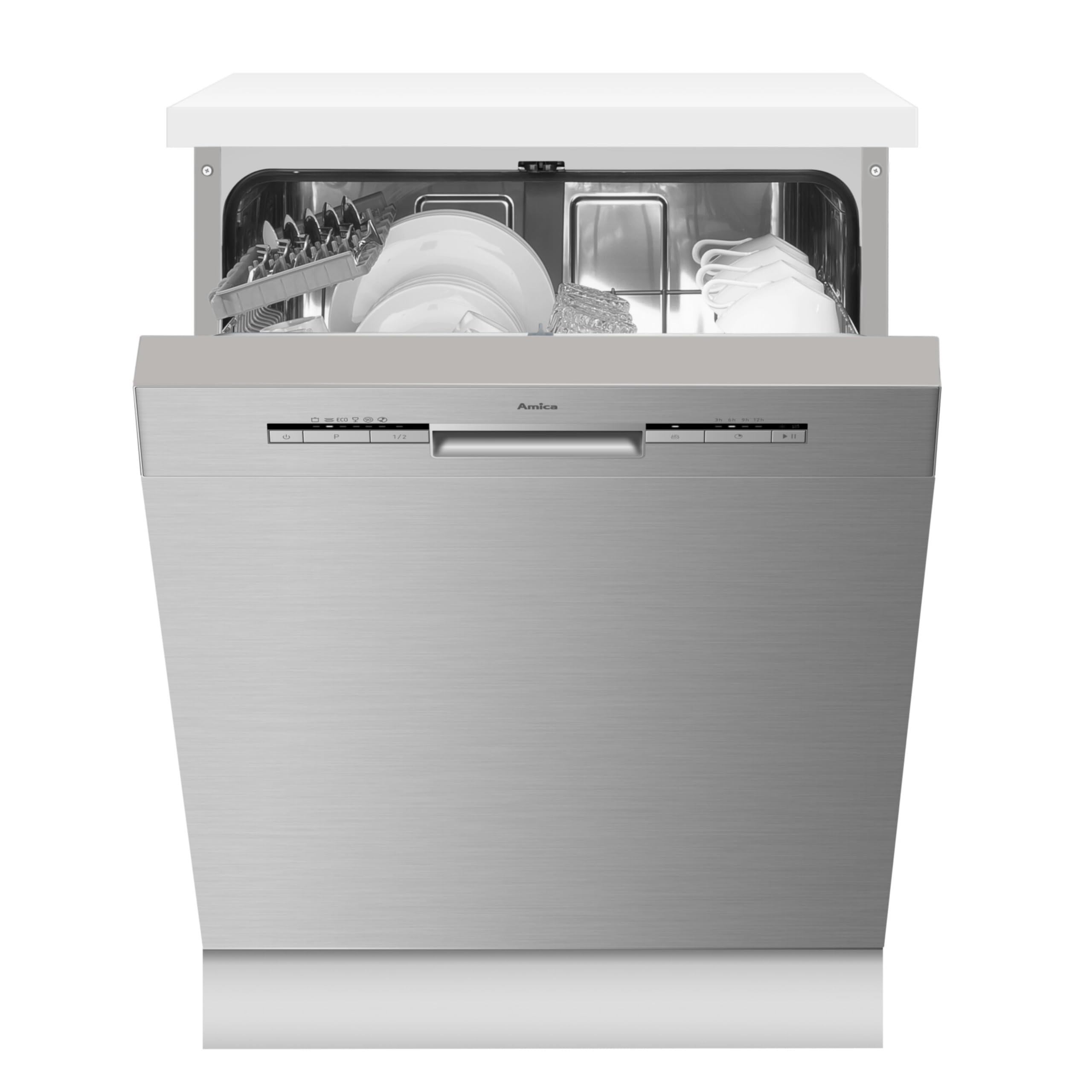 Amica Einbau Geschirrspüler 60 cm 13 Maßgedecke Silber EGSPU 513 911 E | 6 Programme, Höhenverstellbarer Oberkorb, Halbbeladung, Startzeitvorwahl, AquaStopp, OpenDry Türöffnung