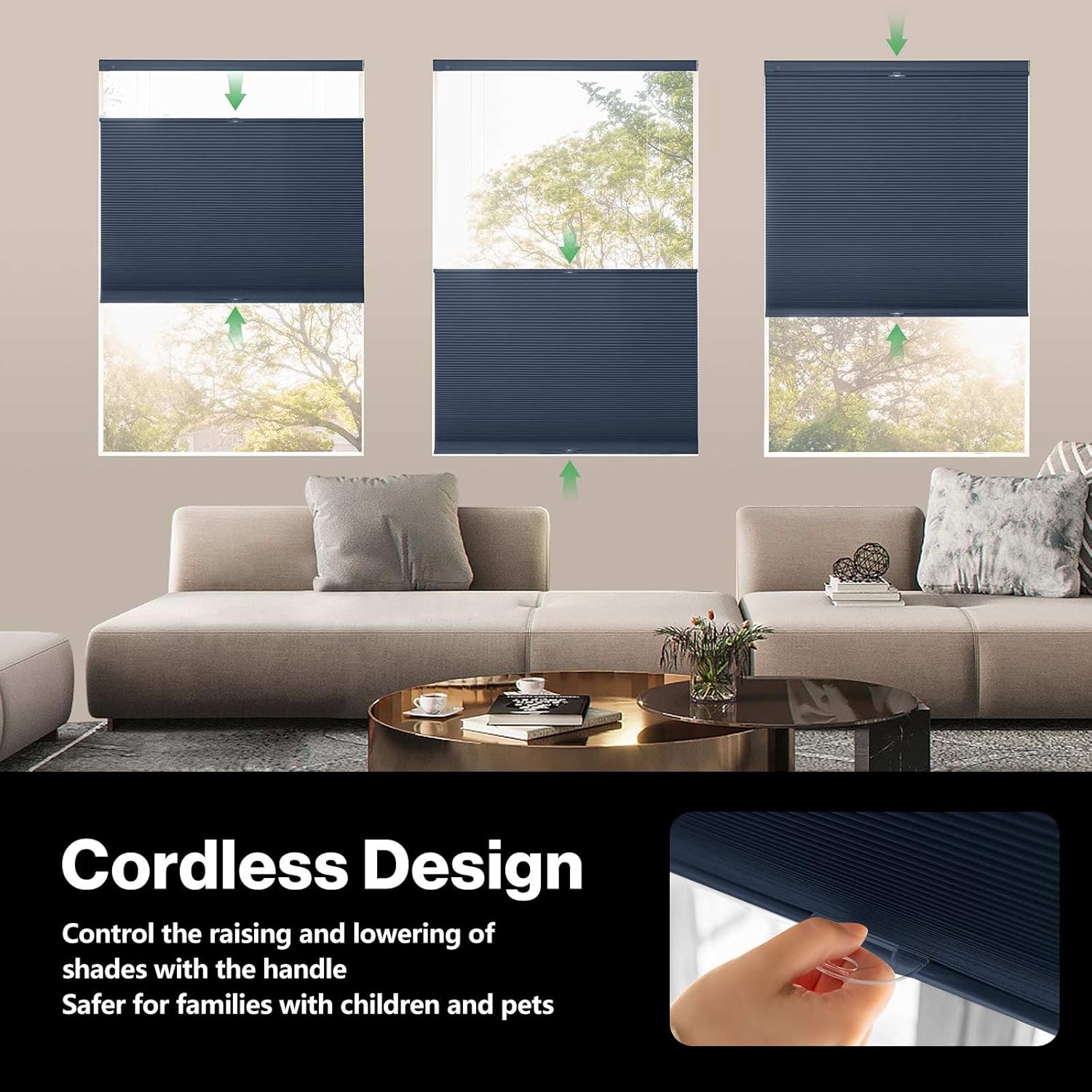 TDBU Honeycomb Blinds, Blackout Dark Blue Custom No Drill Cordless Top Down Bottom Up Cellular Shades Easy Install for Home Office Indoor Windows