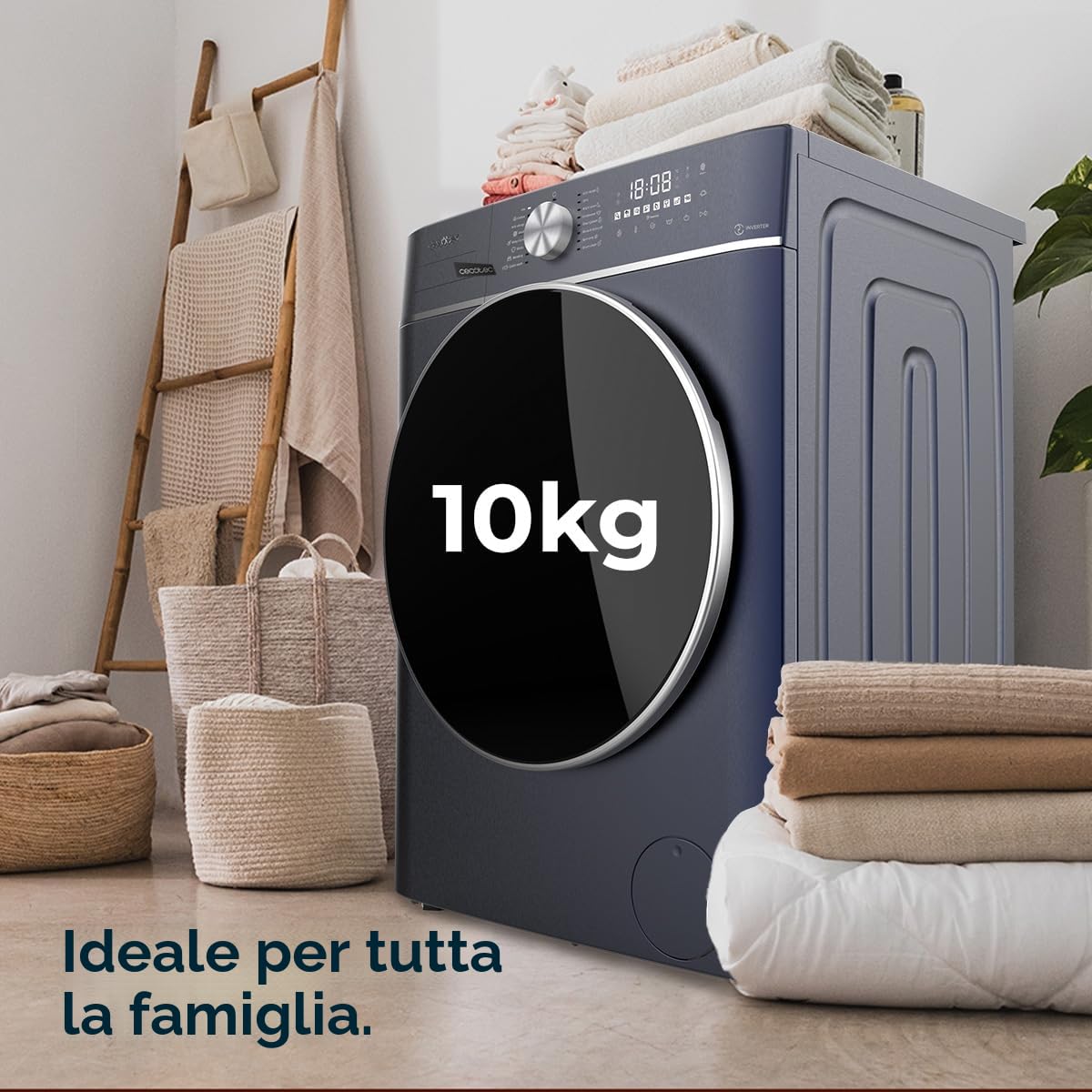 Cecotec Lavatrice 8 Kg Carico frontale Bolero DressCode 8800 Inverter Ice Blue A. 2000 W, 1400 giri/min, 16 programmi, basso consumo, motore inverter Plus, SteamMax, ricarica automatica e display