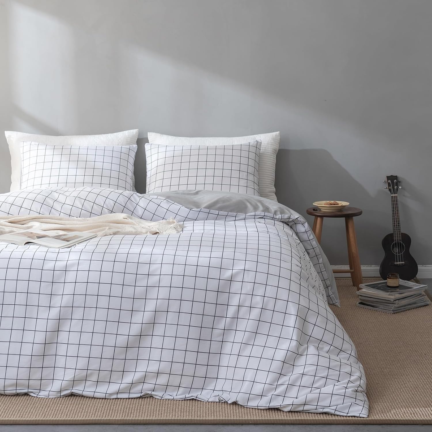 VClife Twin Duvet Cover Soft Cotton Bedding Duvet Cover, Modern White Black Checkered Comforter Cover Sets (Including 1 Duvet Cover & 2 Pillowcases) Breathable Skin-Friendly Home Decor