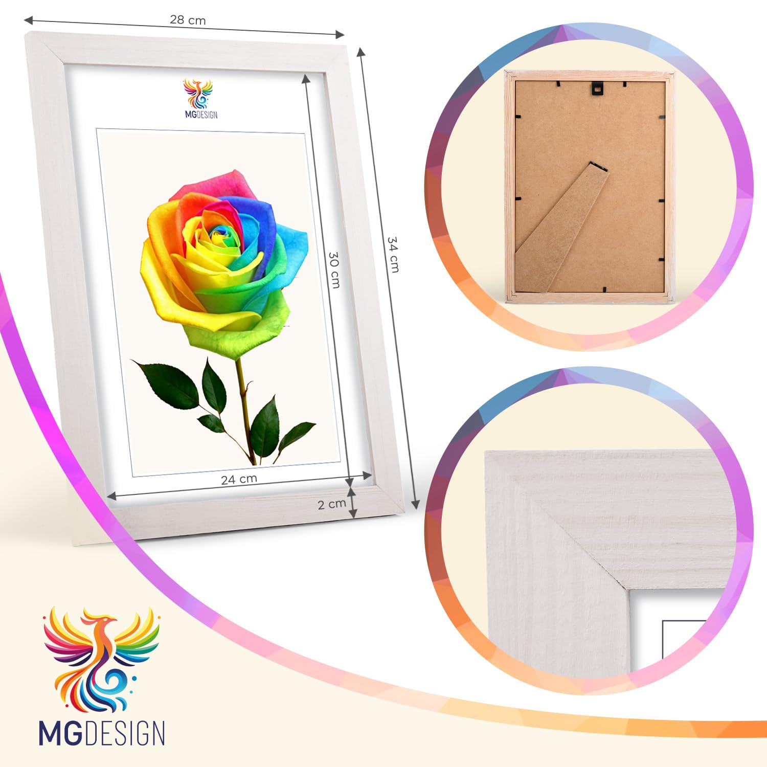 MG Design Set de 3 marcos para fotos 24 x 30 cm: marcos para fotos con marco de madera auténtica en color Blanco y cristal acrílico irrompible, verticales y horizontales