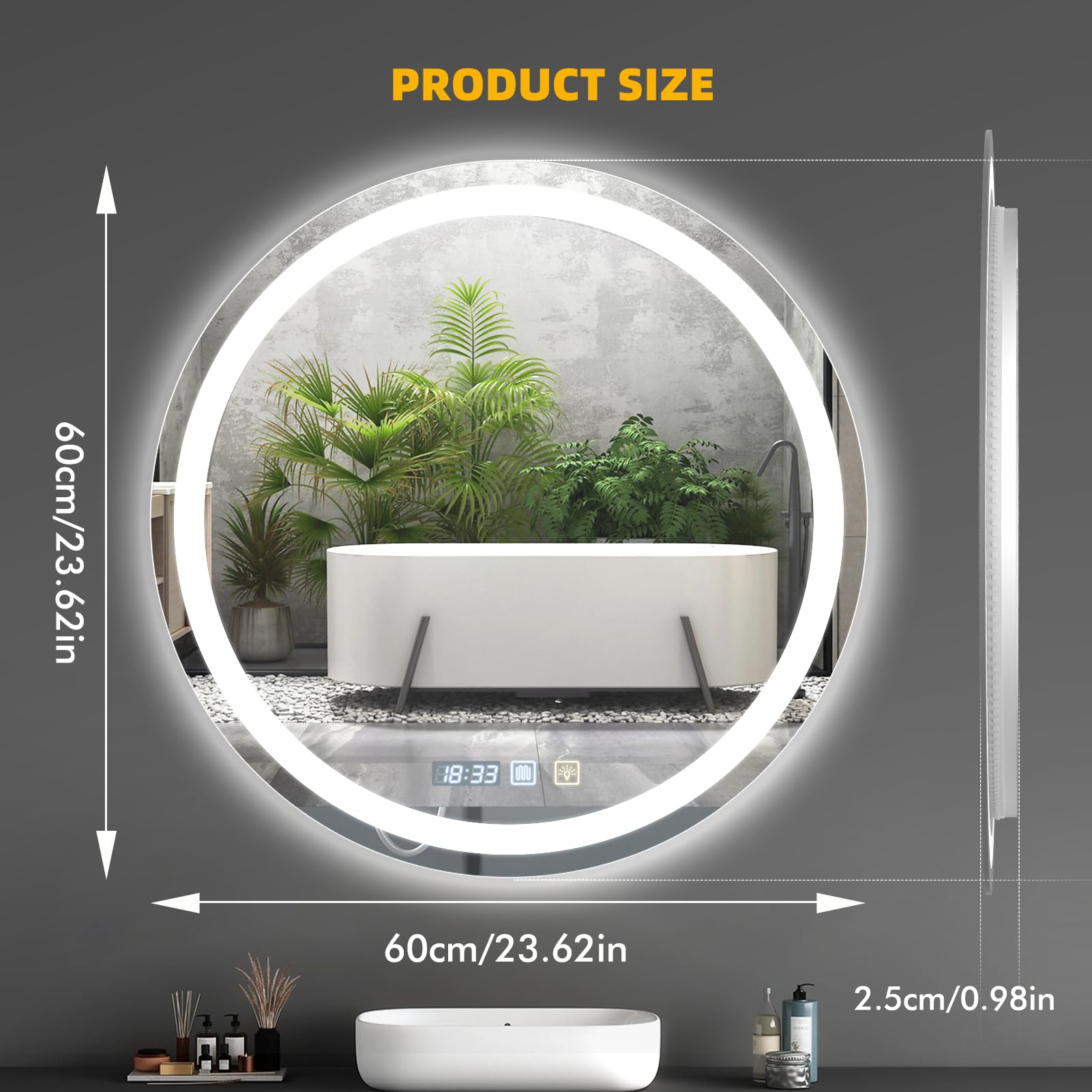 Espejo Baño con Luz 60 x 60 cm, Espejo LED baño Regulable Circular con Función Antivaho, 3 Temperaturas de Color, Ajustes de Tiempo, Función de Memoria, Sensor Táctil, Luz de Doble Cara