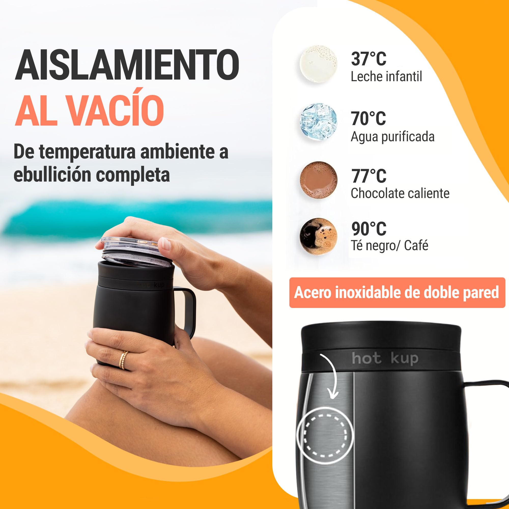 Hot Kup - Taza inteligente autocalentable con base eléctrica portátil opcional, Calentar y Preparar Bebidas Calientes - Control Total de Temperatura para Café, Calentar leche y Purificar agua - Blanco