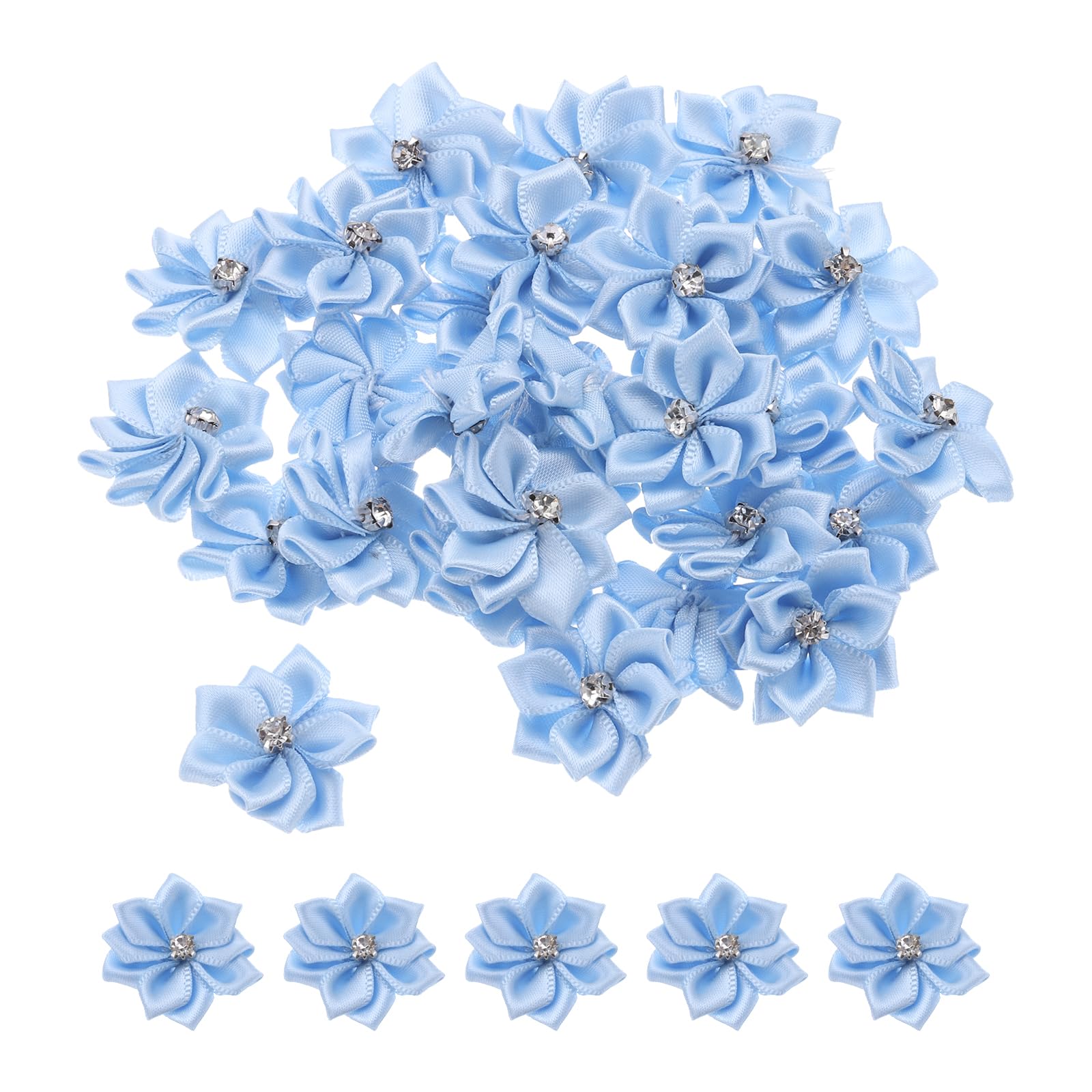 Patikil 1.2 Inch Small Ribbon Flowers, 50 Pcs Satin Mini Fabric Flowers for Crafts DIY Wedding Appliques, Light Blue โ image 1