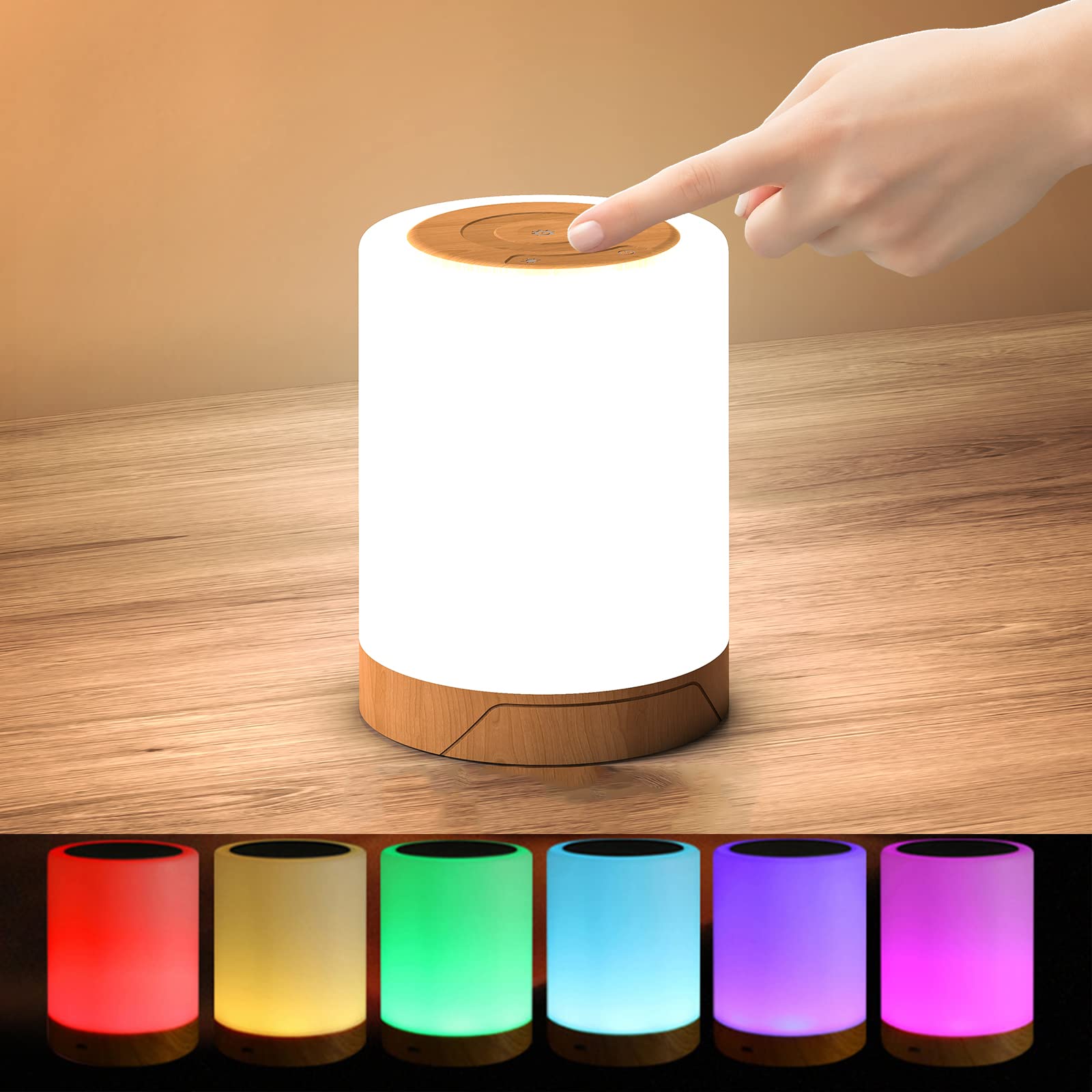 Portable Led Night Light,Touch Control RGB Table Lamp, Camping Light,7 Color Changing Desk Lamp,3 Level Dimmable Light, Classic Wood Grain, Bedside Lamp, Ambient Light, Soft Light, Bedrooms