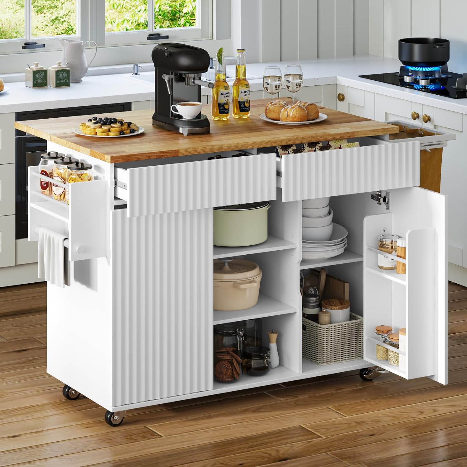 Kitchen Island with Storage, Rolling Kitchen Island on Wheel with Drop Leaf, Foldable Trash Bag, Spice Rack, Towel Bar, Storage Cabinet, Drawer, Kitchen Cart Island Table for Kitchen, White
