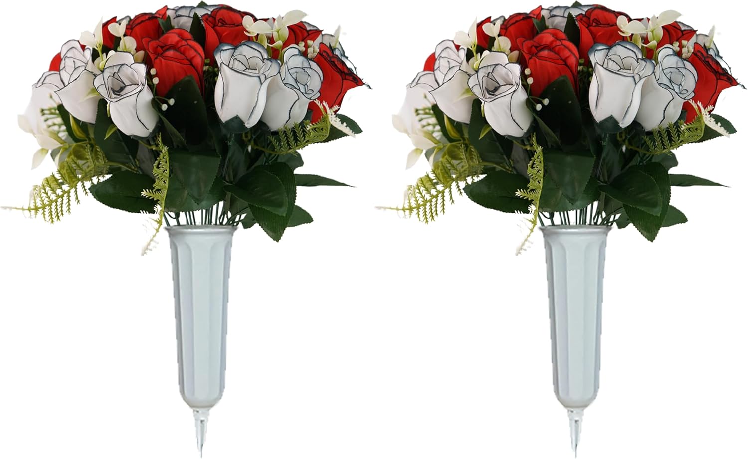Artificial Cemetery Flower with Vase for Headstone,2 Set Graveyard Memorial Flowers,Grave Decoration Flower Bouquets,Cemetery Headstones Decoration,Outdoor Grave Flowers Decor (Blue-White)