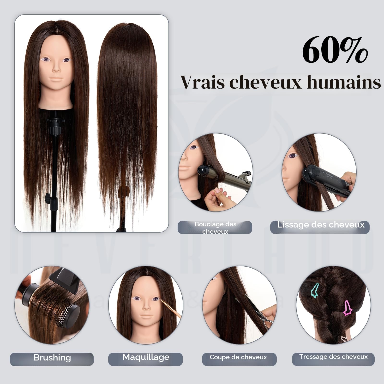 Neverland Tête de coiffure pour coiffer et maquiller 60% cheveux naturels