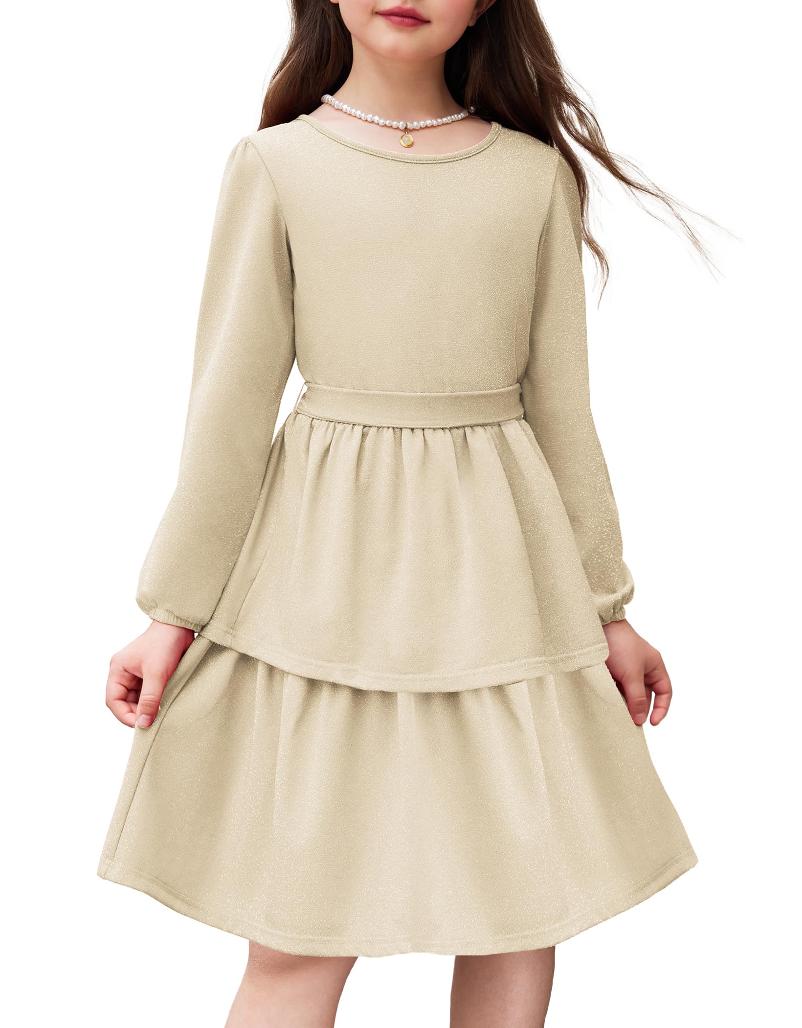 Arshiner Girls Dress Fall Sparkly Glitter Puff Sleeves Layer Party Dresses with Belt