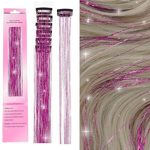 Miniatura 1 de Kit de 6 extensiones de cabello de oropel con clip, 19.6 pulgadas, resistentes al calor, con purpurina, con clips, regalo de festival, extensiones