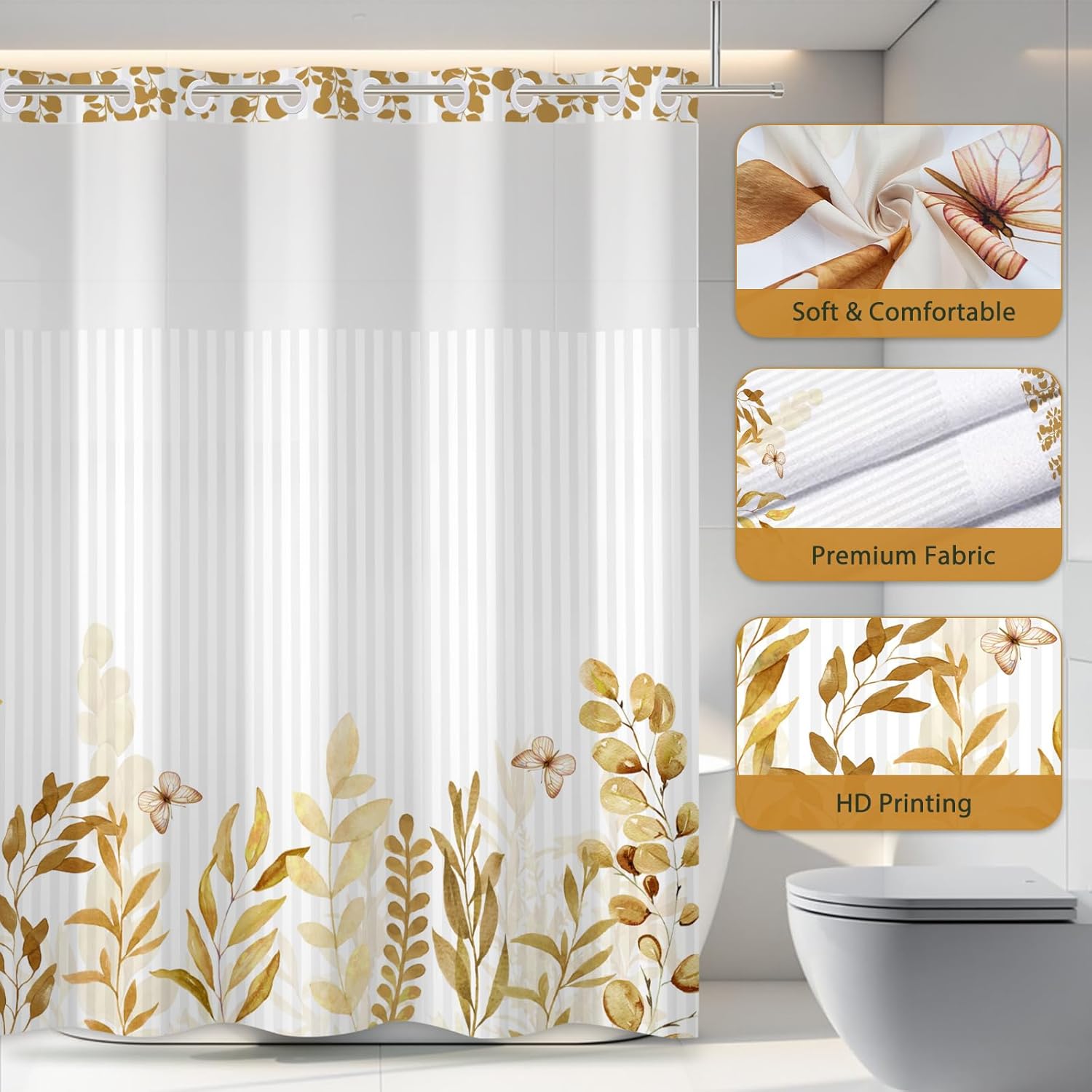 No Hook Shower Curtain with Snap in Liner, Yellow Leaves Fabric Shower Curtain Set for Bathroom, Waterproof & Washable Hotel-Quality, See Through Top Window Design, 71 x86 Inch
