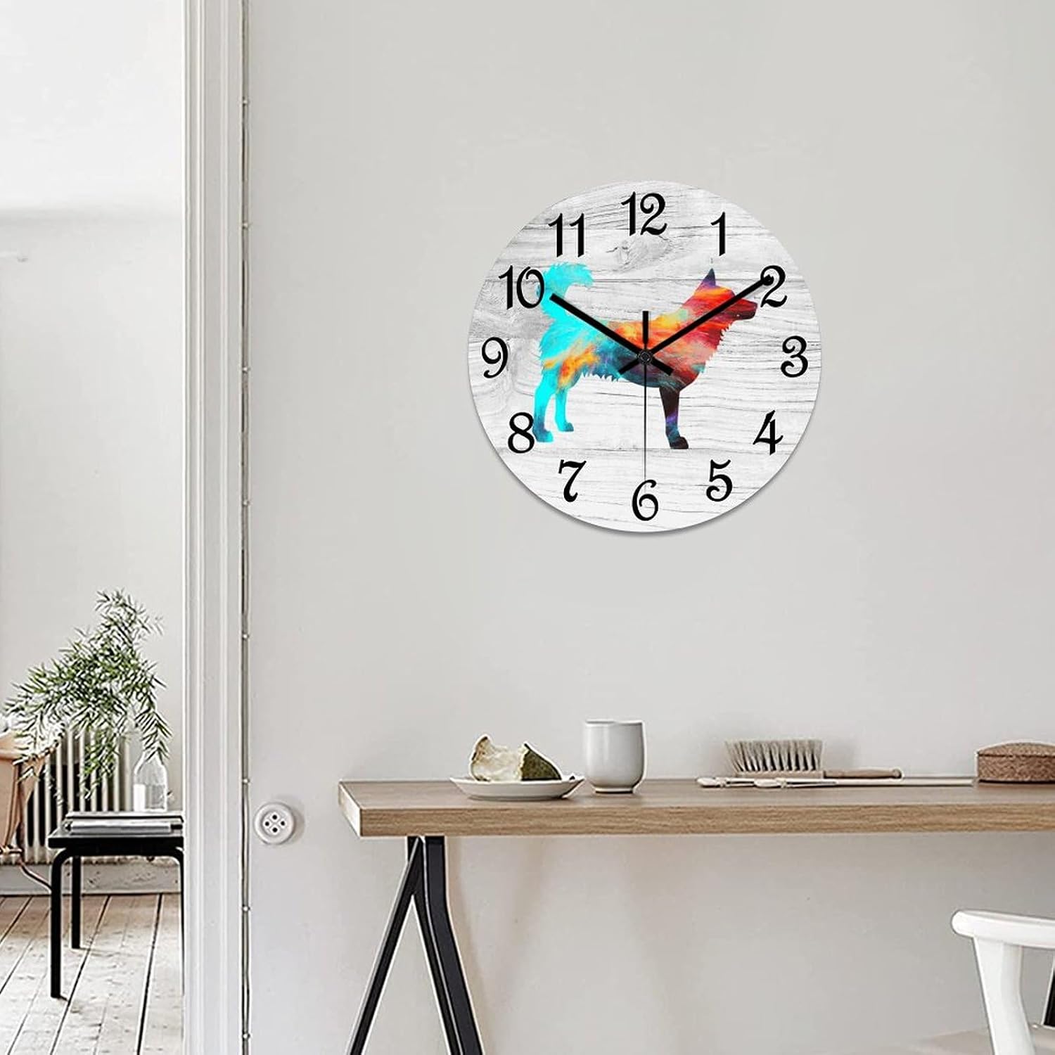 Husky Wooden Wall Clock Pet Dog Hanging Wall Clock Battery Operated Non-Ticking Sweep 12 Inch Rustic Chic Farmhouse Wall Clock for Wall Laundry