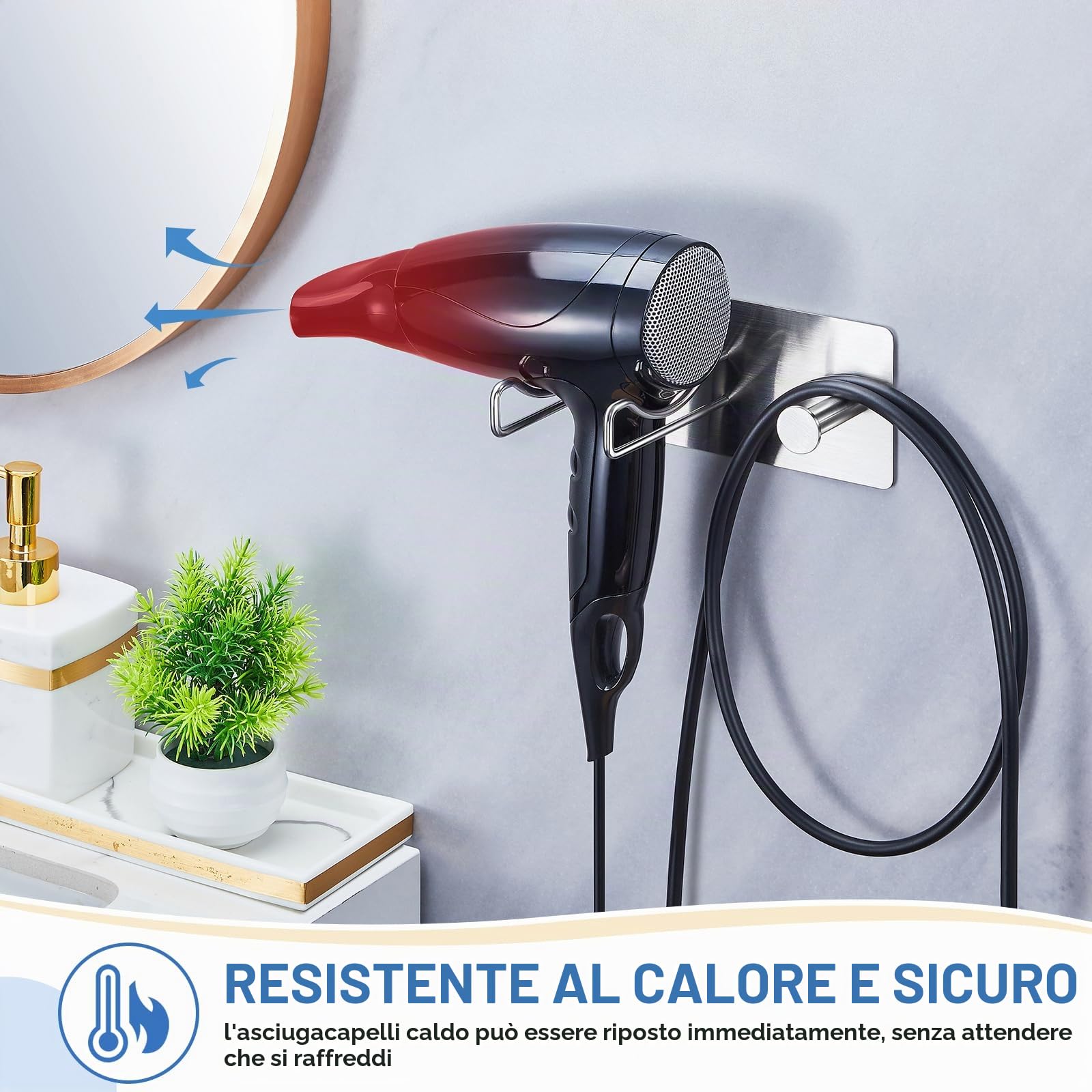 Supporto per asciugacapelli da Bagno a Parete Senza Foratura, in Acciaio Inox con mensole di Supporto, Supporto per asciugacapelli, da incollare per Bagno, Camera da Letto, Hotel (Argento)
