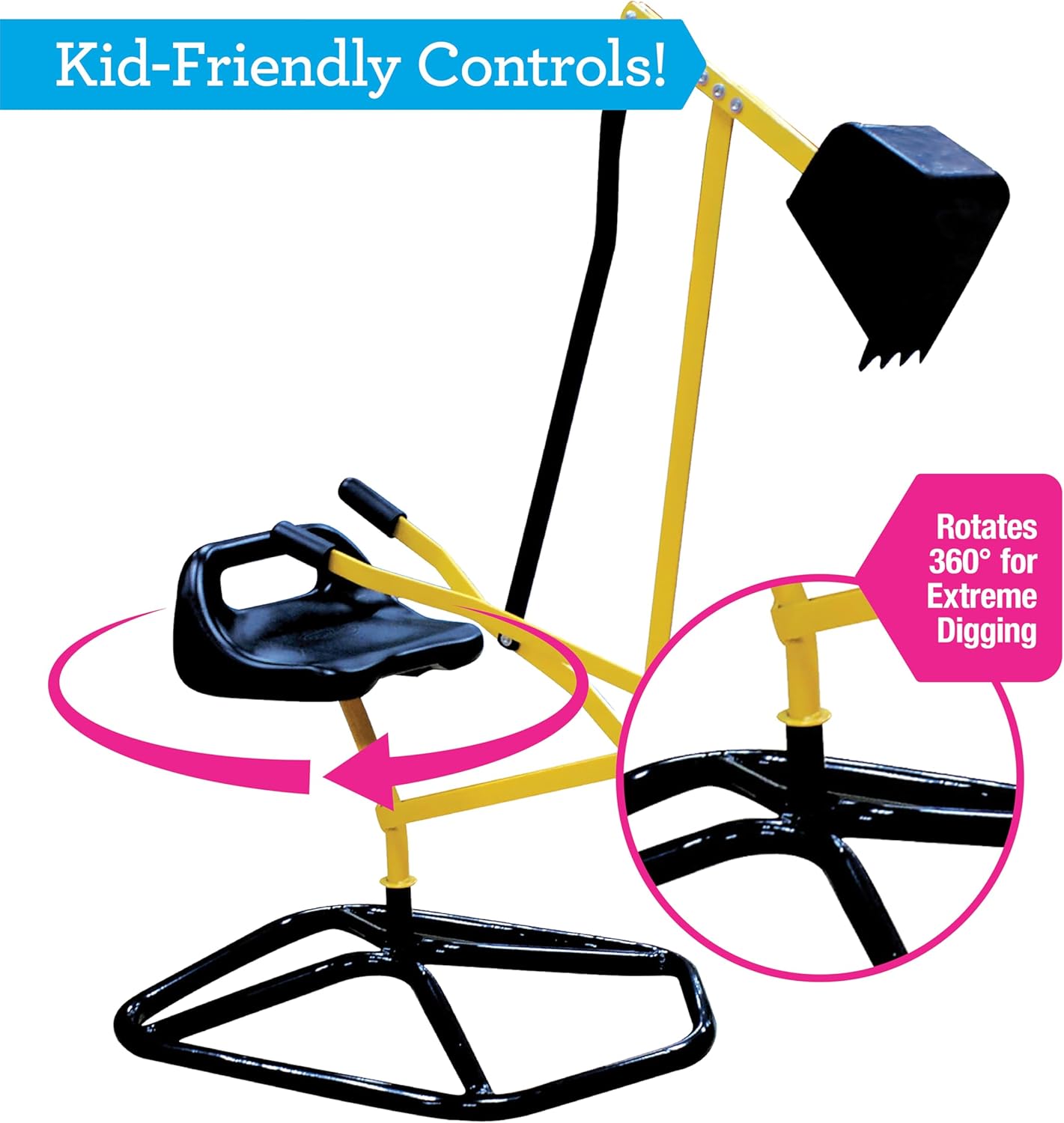 Crane Digger Toy- Ride On w Safer Stabilizing Base- Kid Outdoor Digging Excavator Play in Backyard- 100lb Capacity- Swing & Scooper Grab Function, 360 Degree Rotation Seat- Game for Sandbox Dirt Snow