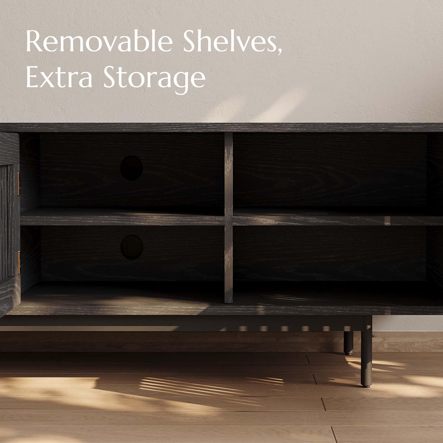 POVISON Mid-Century Modern TV Stand with Slatted Doors, Fully Assembled 94.49" Wood Media Console, TV Console with Tall-cast Metal Legs, Entertainment Center with Storage for Living Room