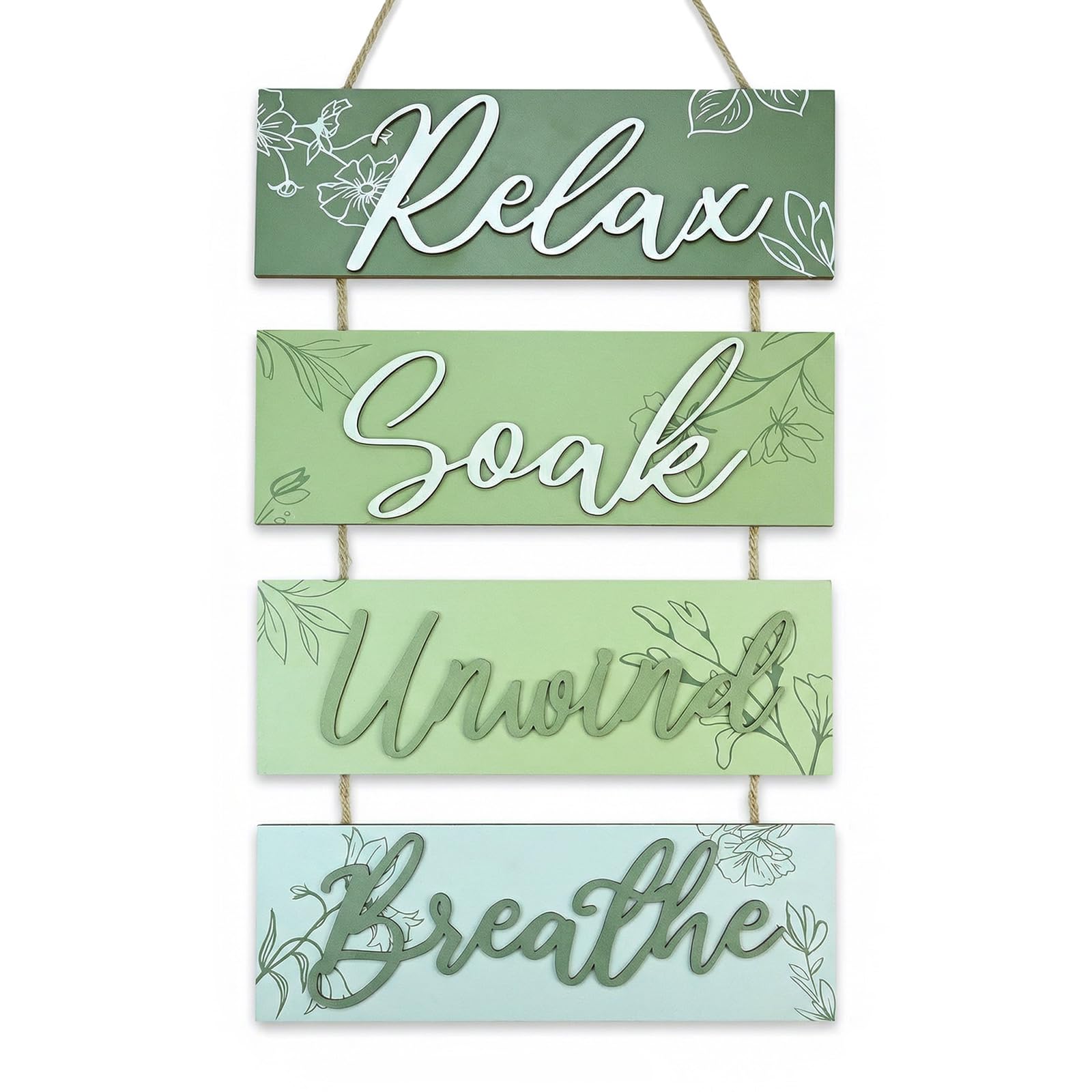 4Pcs Bathroom Decorations, Bathroom Sign Relax Soak Unwind Breathe Art for Walls, Green Decorative Accessories, Wood Hanging Plaque, Rustic Home Decoration for Farmhouse Home Laundry Spa Room