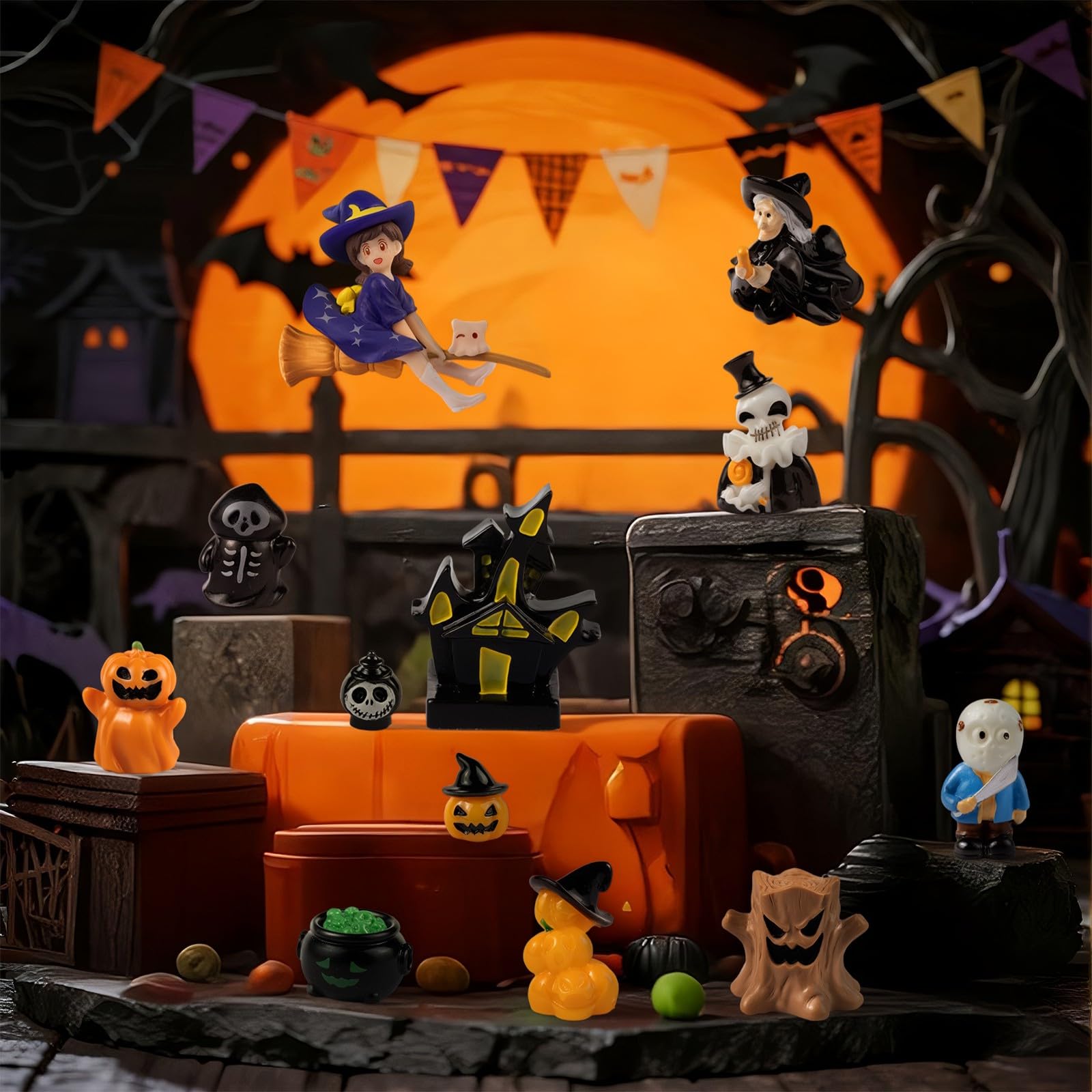 Mini Halloween Miniaturen Deko, 20er Kleine Halloween Hexe Geist Ornamente Deko, Kleine Harzfiguren zum Verstecken Kleines Kürbis für DIY Potting Micro Landschaft Aquarium Dekoration (D)