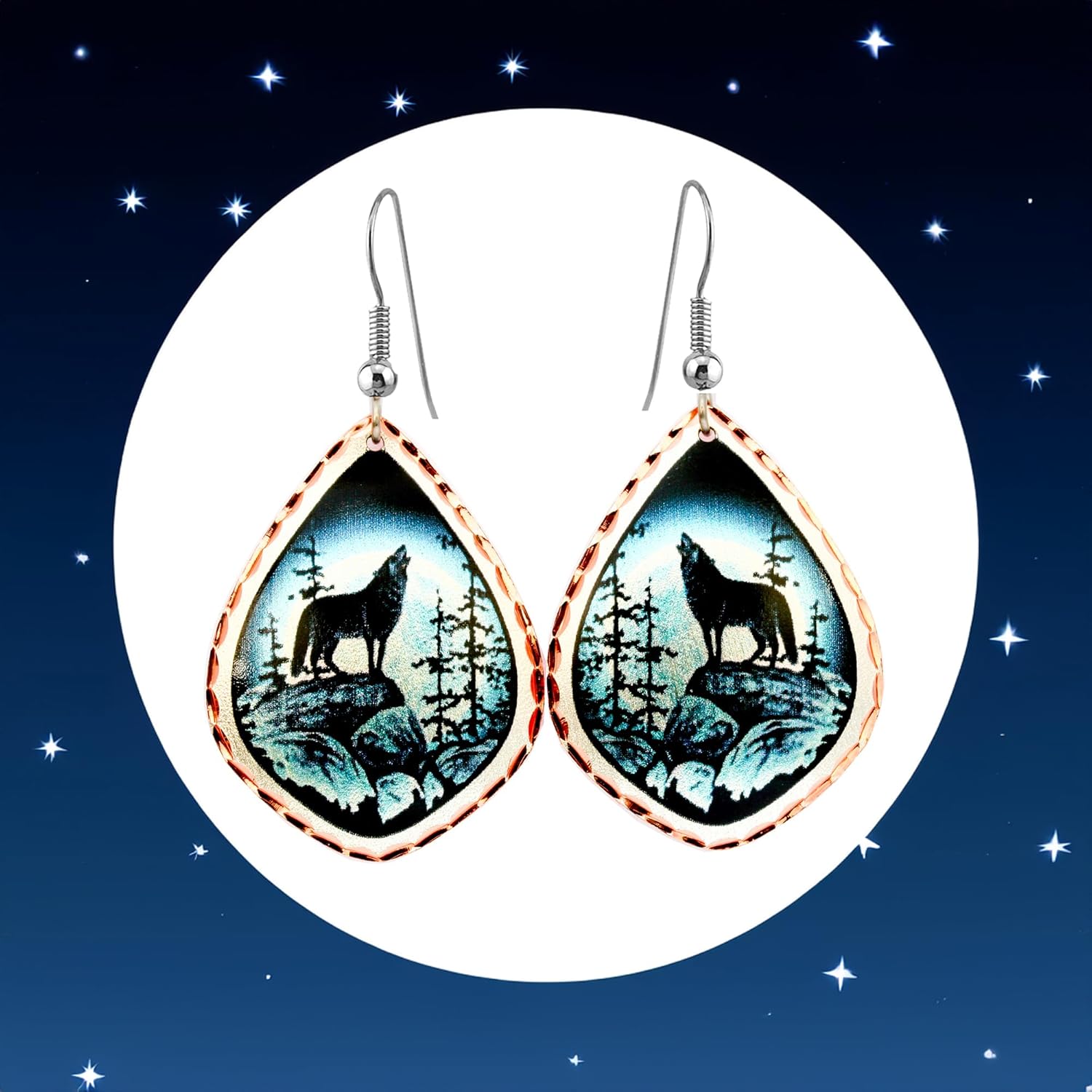 FRONT LINE JEWELRY Wolf and Moon Earrings – Artisan-Crafted Copper Earrings Featuring Howling Wolf Design – Northern Lights Wolf Jewelry – Unique Wolf Gift for Her