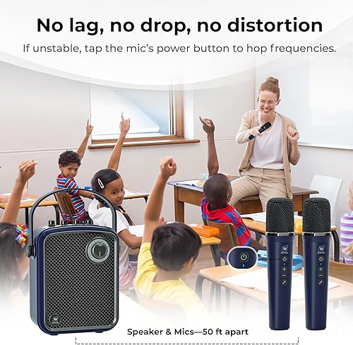 Miniatura 6 de Amplificador de voz inalámbrico con 2 micrófonos inalámbricos, altavoz Bluetooth, máquina de karaoke para adultos, micrófonos de altavoz portátiles