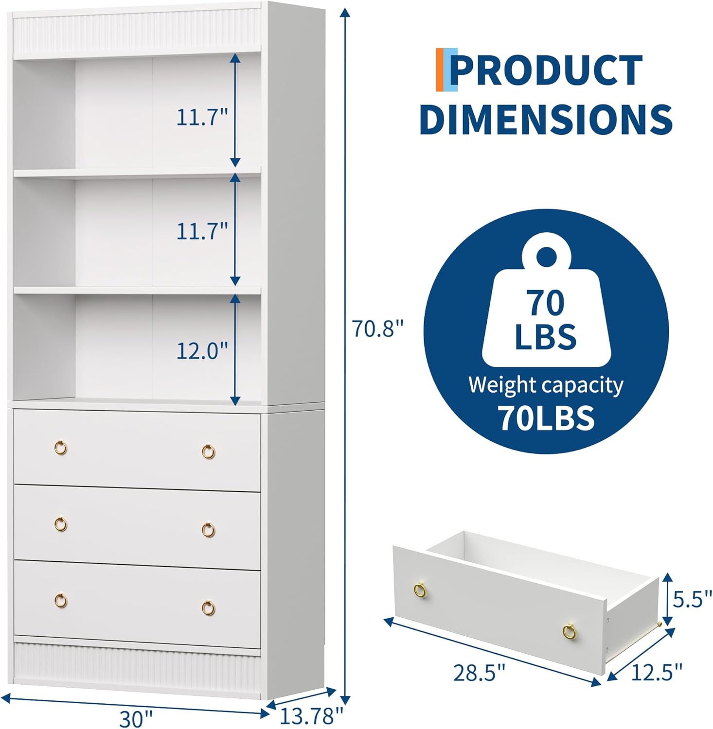 GarveeHome Bookshelf with Drawers 70.8" Fluted Bookcase, White Bookshelf 6 Tier Bookcase with Storage, Tall Book Shelf with Waved Design, Storage Cabinet with Open Shelf for Living Room Office