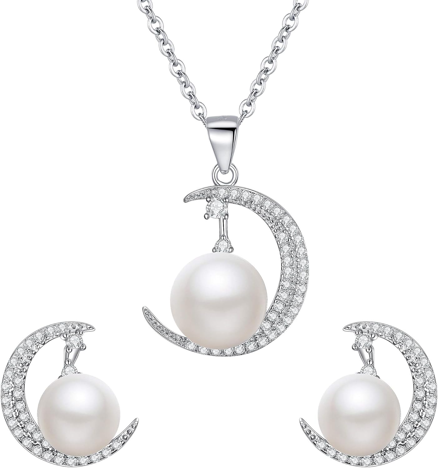 EleQueen 925 Sterling Silver CZ AAA Button Cream Freshwater Cultured Pearl Bridal Jewelry Necklace Earrings Set Ivory for Women, Valentine's Day/Mother's Day/Christmas Jewelry Gift for Girlfriend/Mom