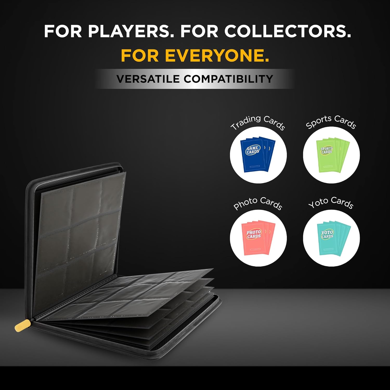 Card Guardian - 9 Pocket Premium Binder with Zipper for 504 Cards - Side Loading Pockets for Trading Card Games TCG (Black)
