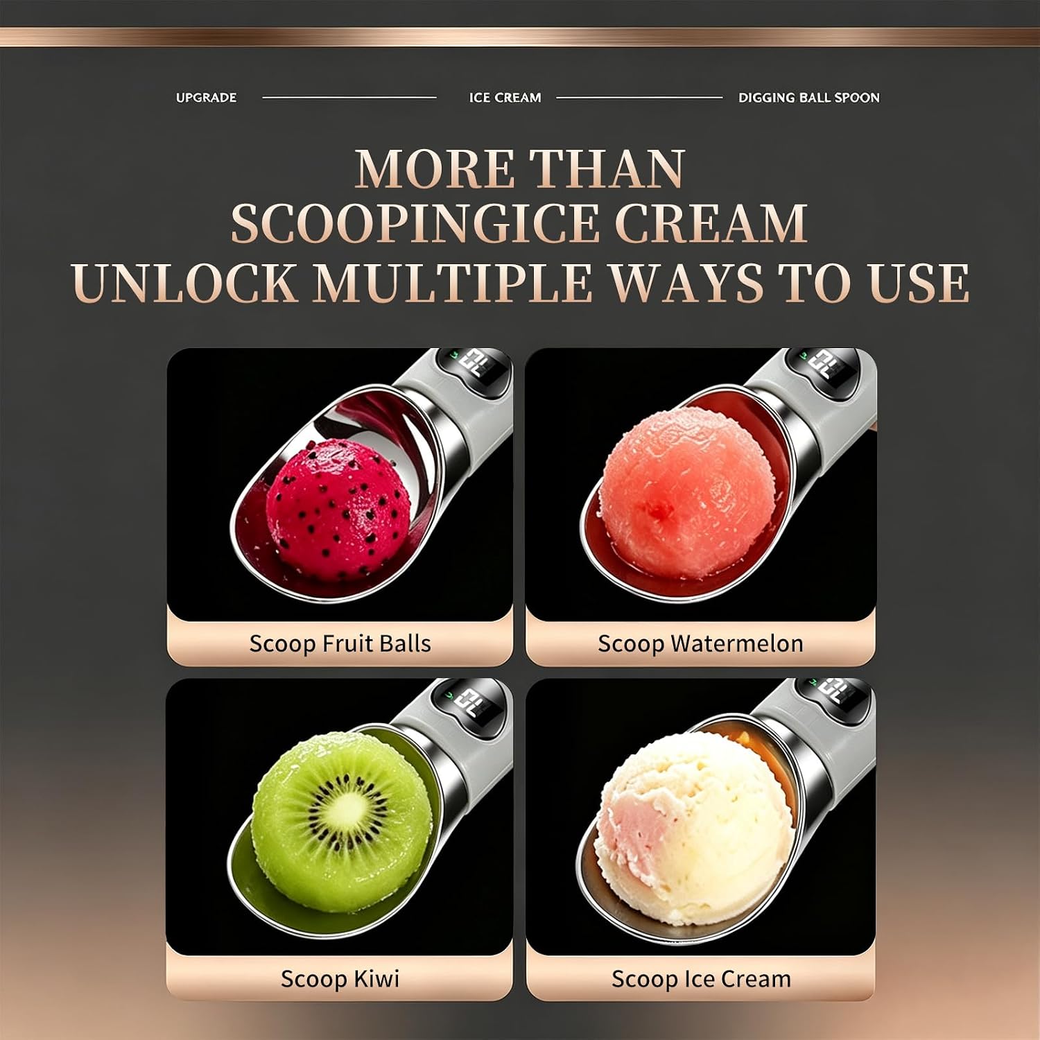 Heated Ice Cream Scoop Rechargeable Electric Scooper with 3 Temperature Settings - 120/140/160 °F, LED Display for Hard Ice Cream, Food-Grade, IP68 Waterproof.