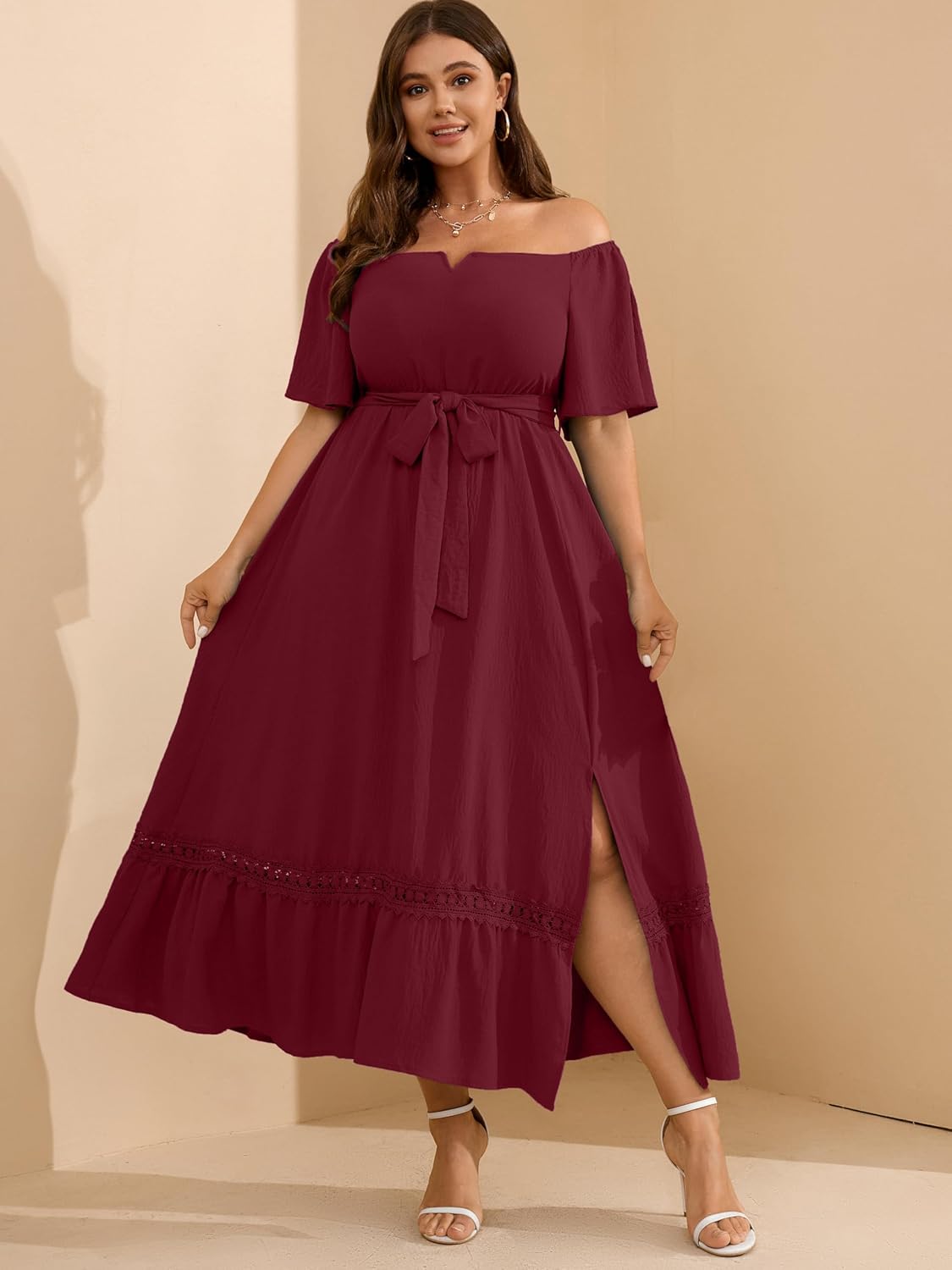 RWJ Women's Plus Size Dress for Cocktail Wedding Guest Formal V Neck Off The Shoulder Maxi Dress with Belt - Image 5
