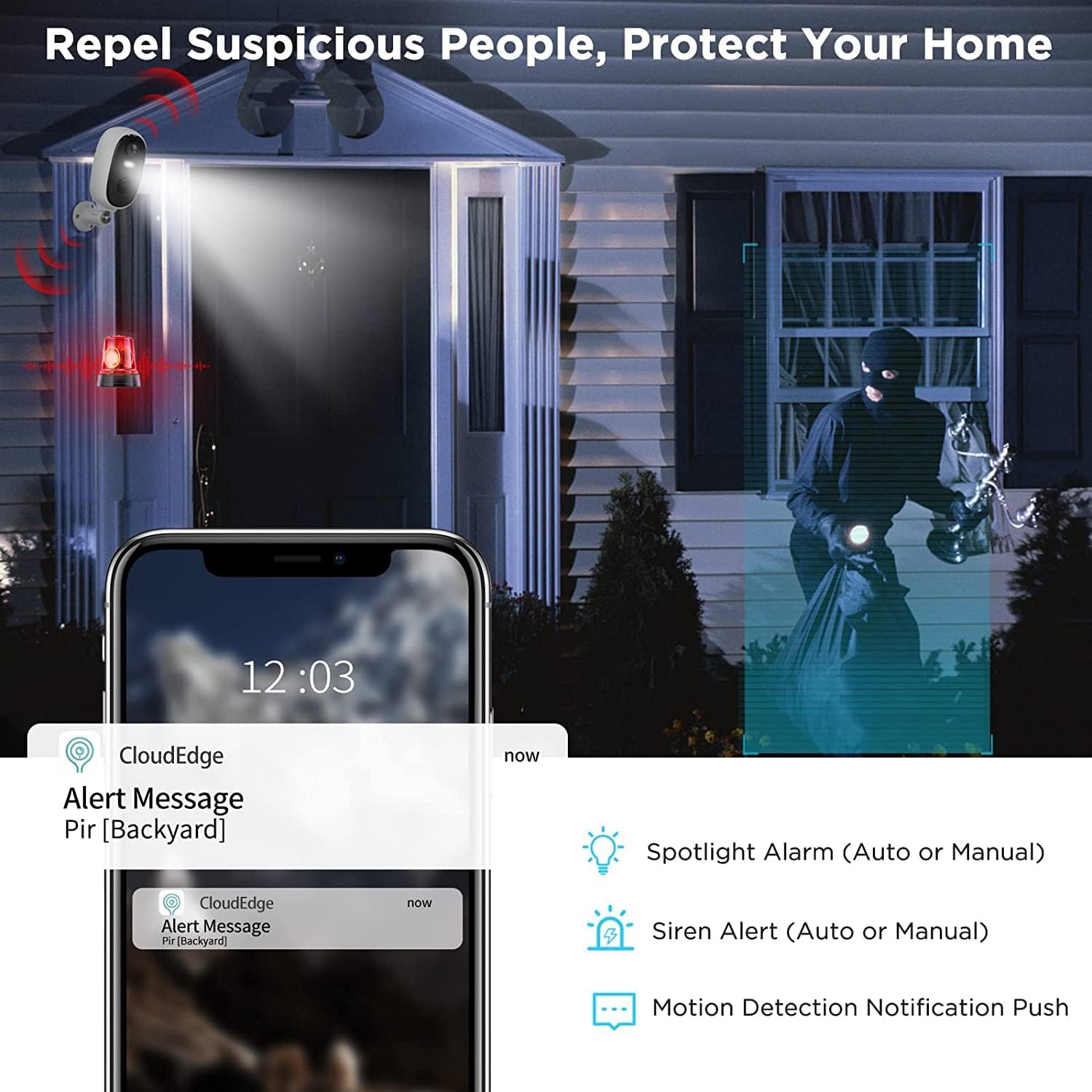 Illustration of the camera deterring a suspicious person with a spotlight and siren, and a phone showing an alert message.