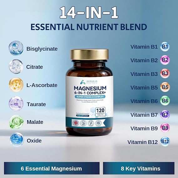 14-in-1 Magnesium Complex with Vitamin B Complex - Magnesium Glycinate, Citrate, Taurate, Magnesium Supplements for Energy, Muscle, Sleep, Immunity Support, High Absorption 120 Multivitamin Tablets