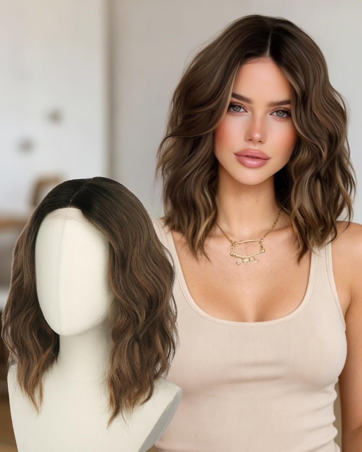 Ombre Brown T Part Lace Front Wig 14 Inch Glueless Wavy Bob