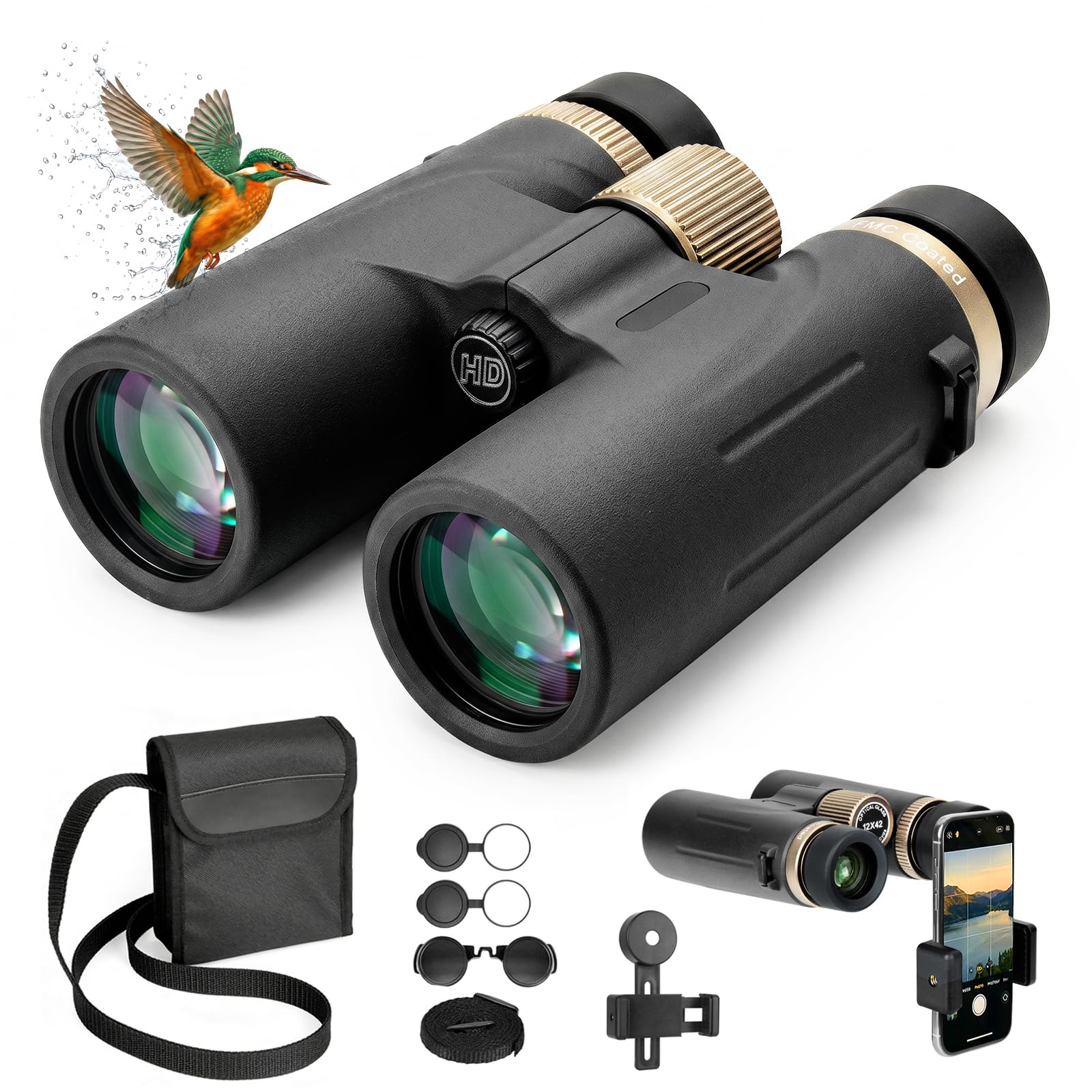 Binocolo 12 x 42 HD, binocolo compatto, Big View, BAK4 HD Prisma + obiettivo FMC, per adulti, per birdwatching, escursionismo, caccia, visite turistiche (nero)