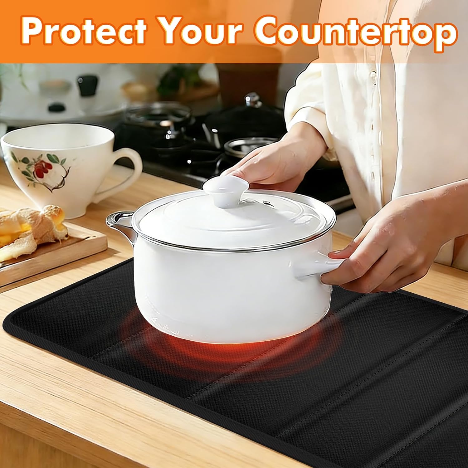 35.4×15.4 in Heat Resistant Mat for Food Warming Mats, Heat Resistant Mats for Countertop Reflects 95% of Heat, Easy to Clean Hot Pad With Non-slip Bottom for Air Fryer, Coffee Maker, Oven, Black