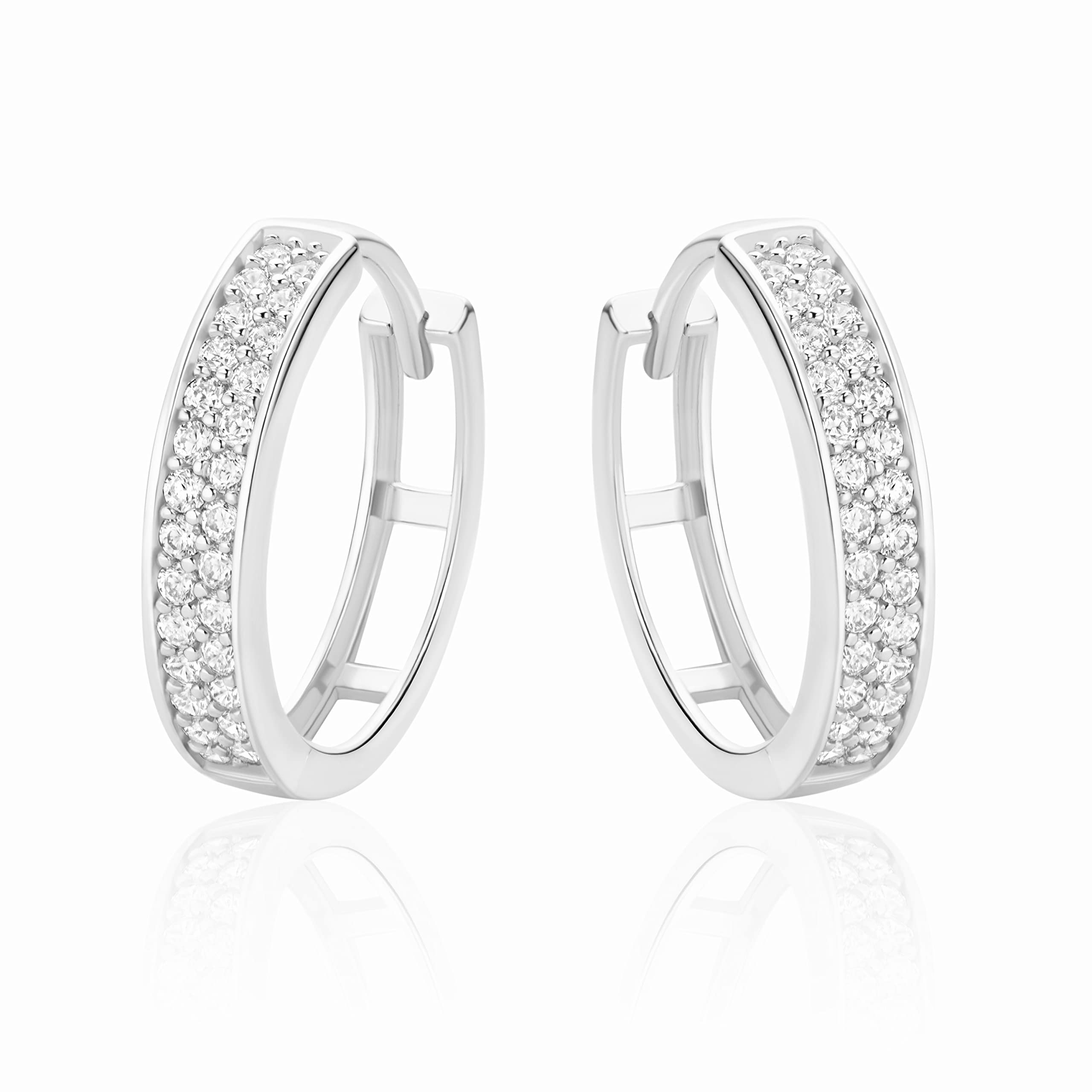PRINS JEWELS 9 Karat 375 Hochglanz Weißgold Ohrringe Creolen | mit Zirkonia Steinen - HLK-29-1-375WG