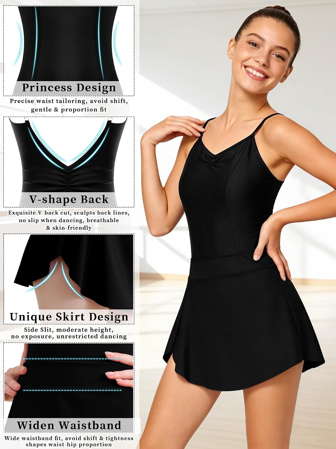 Women’s Princess Camisole Dance Leotard with Pull on Ballet Skirt, V-shape Back