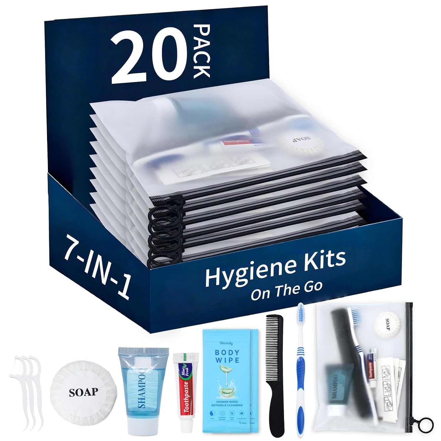 20 Pack Hygiene Kits for Homeless in Bulk, 7-in-1 Personal Toiletry Kit Individually Packed with Toothbrush, Toothpaste, Comb, Flossers,Shampoo, Soap, Body Wipes