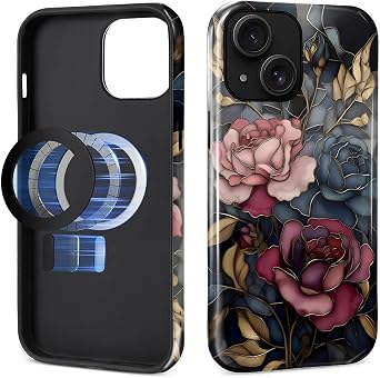 DAIZAG Case for iPhone 13/14,[Compatible with MagSafe],Magnetic Phone Glossy Cover,Hybrid Heavy 2 in 1 Full Body Rugged Shockproof-Stained Glass Floral Design