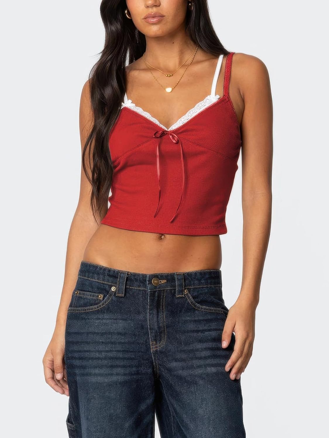 Women's Lace Bow Ribbed Spaghetti Strap Tank Top Cute V Neck Camisole Cropped Going Out Tops - Image 5