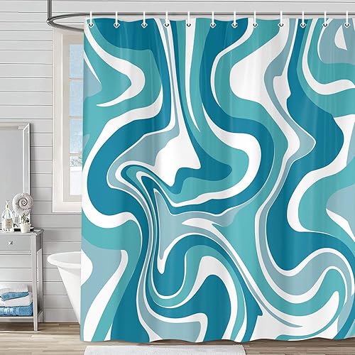 Miniatura 7 de Cortina de ducha estilo retro bohemio de los años 70 para decoración de baño, tela lavable, 72 x 72 pulgadas Azul