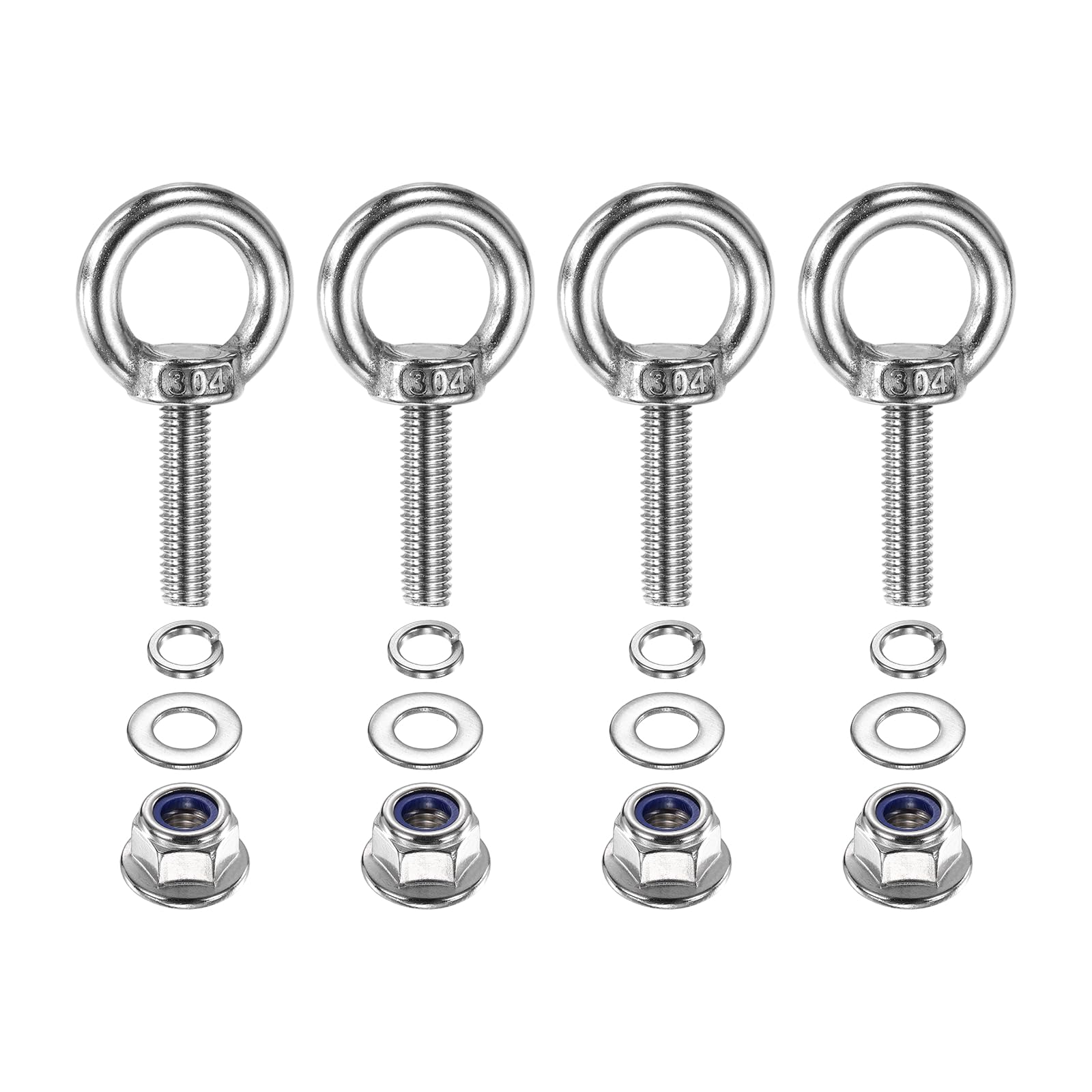 PATIKIL M8 x 30mm Shoulder Eye Bolt, 4 Pcs 304 Stainless Steel Lifting Ring Threaded Eye Bolt with Flange Lock Nuts Spring and Flat Washers for Hanging Tie Down Straps Outdoor Indoor