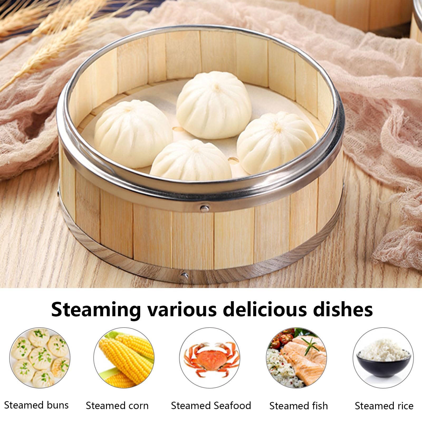AIZYR Cesta Vaporera De Bambú con Tapa Cesta Vaporera China De 3 Niveles Cesta para Cocinar Al Vapor para Cocinar Dumpling, Dim Sum, Arroz, Pescado Cesta De Vapor,6 Inch
